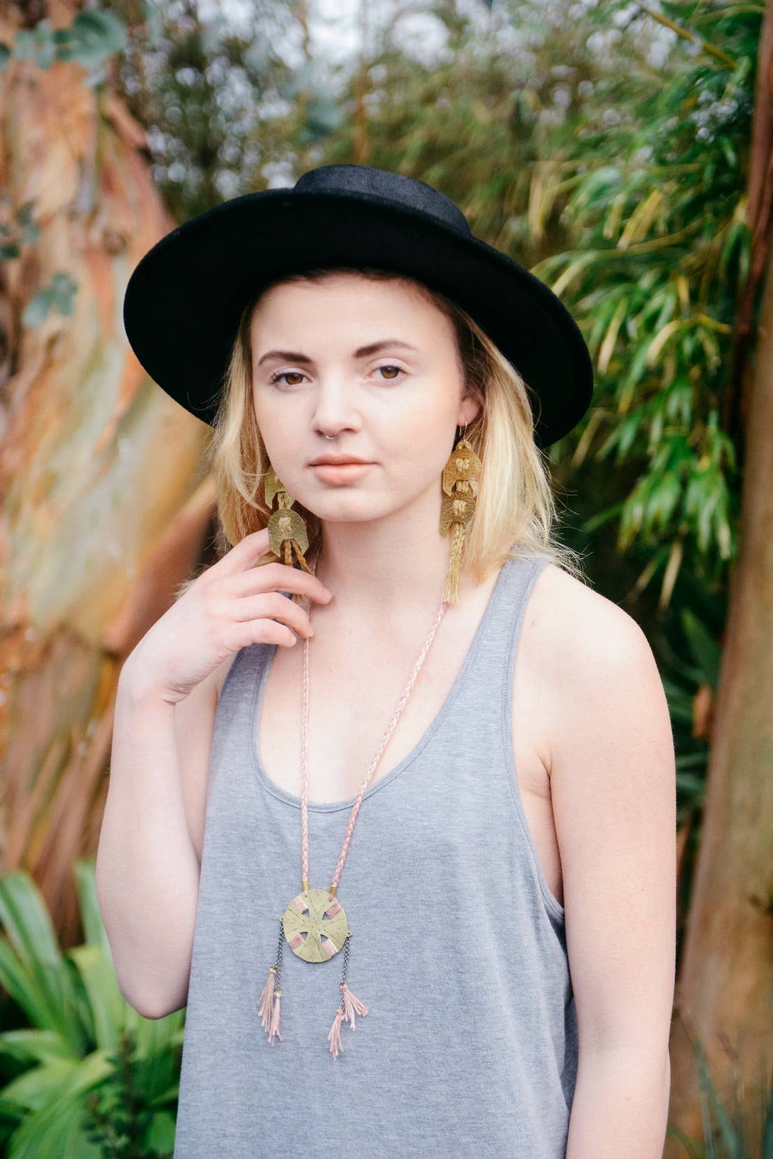 Stamped Brass Earrings On Hand Dyed Linen Cord