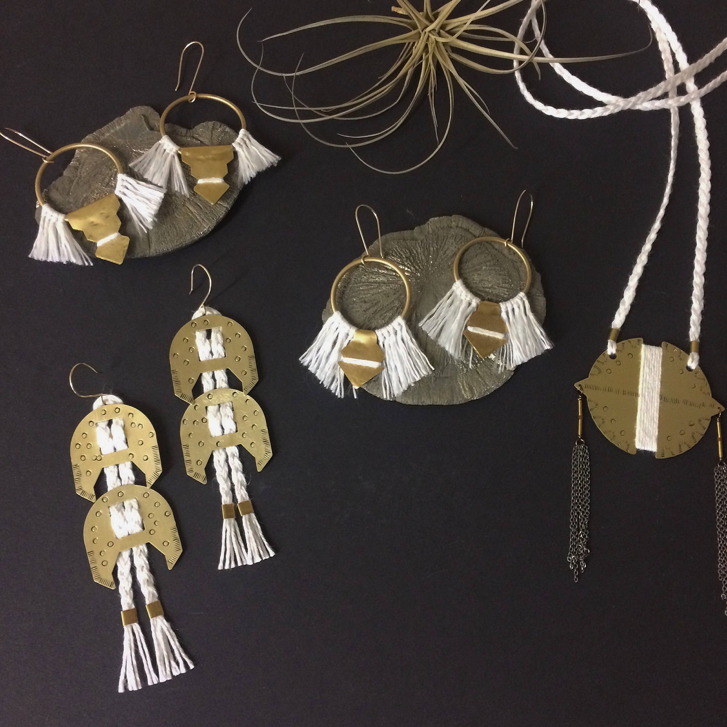 Stamped Brass Earrings On Hand Dyed Linen Cord