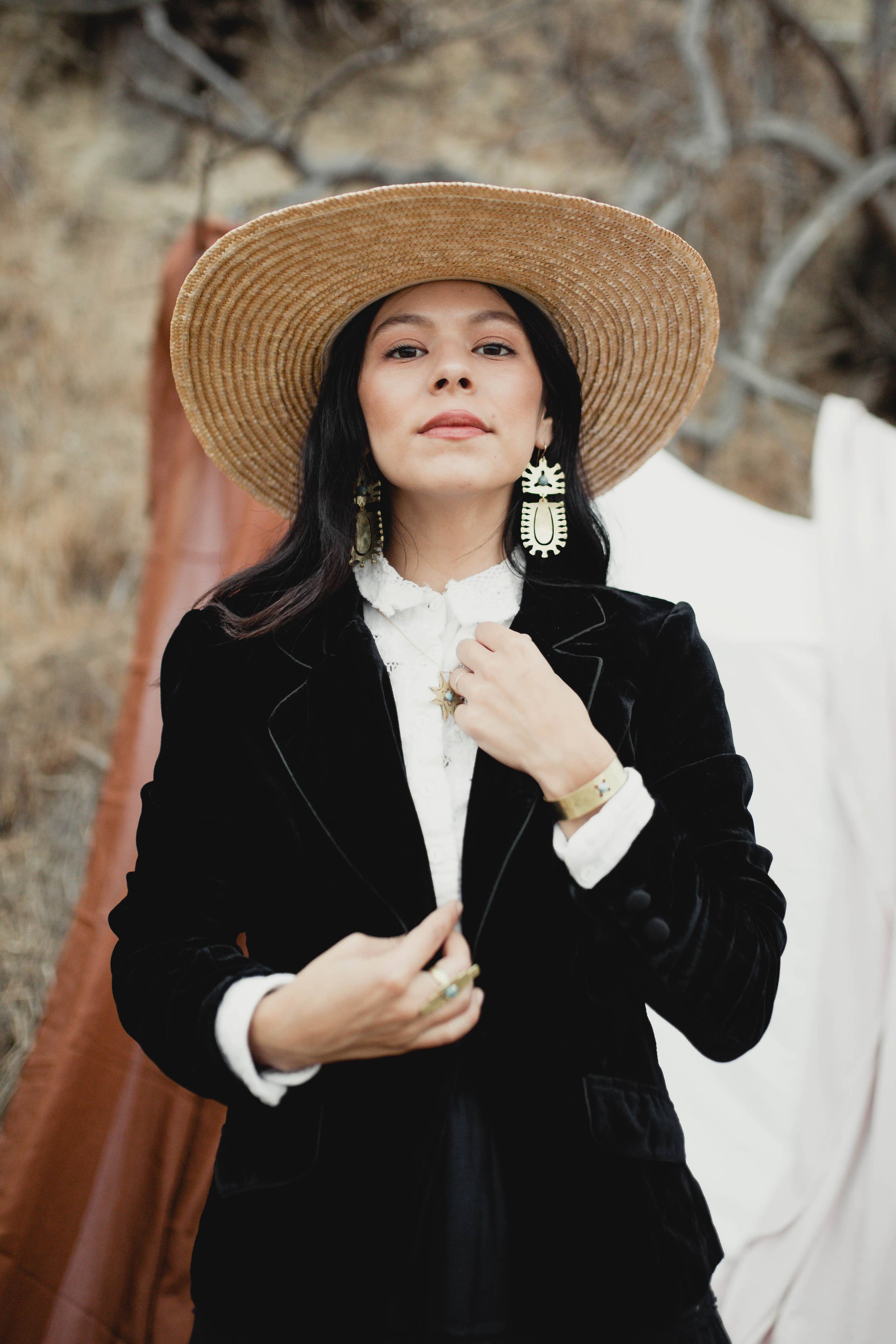 Textured Brass Earrings w/ Prong Set Stones