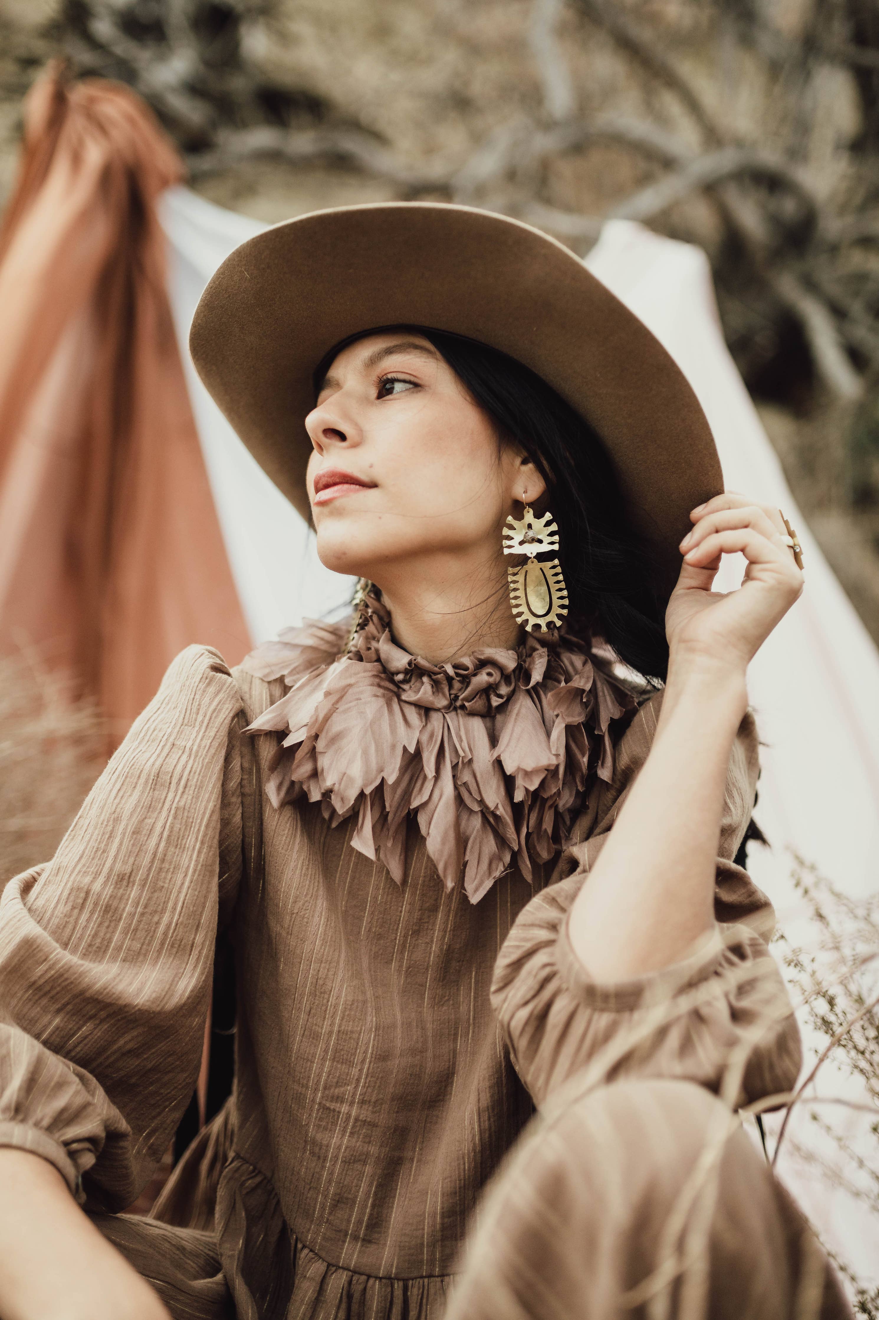 Textured Brass Earrings w/ Prong Set Stones