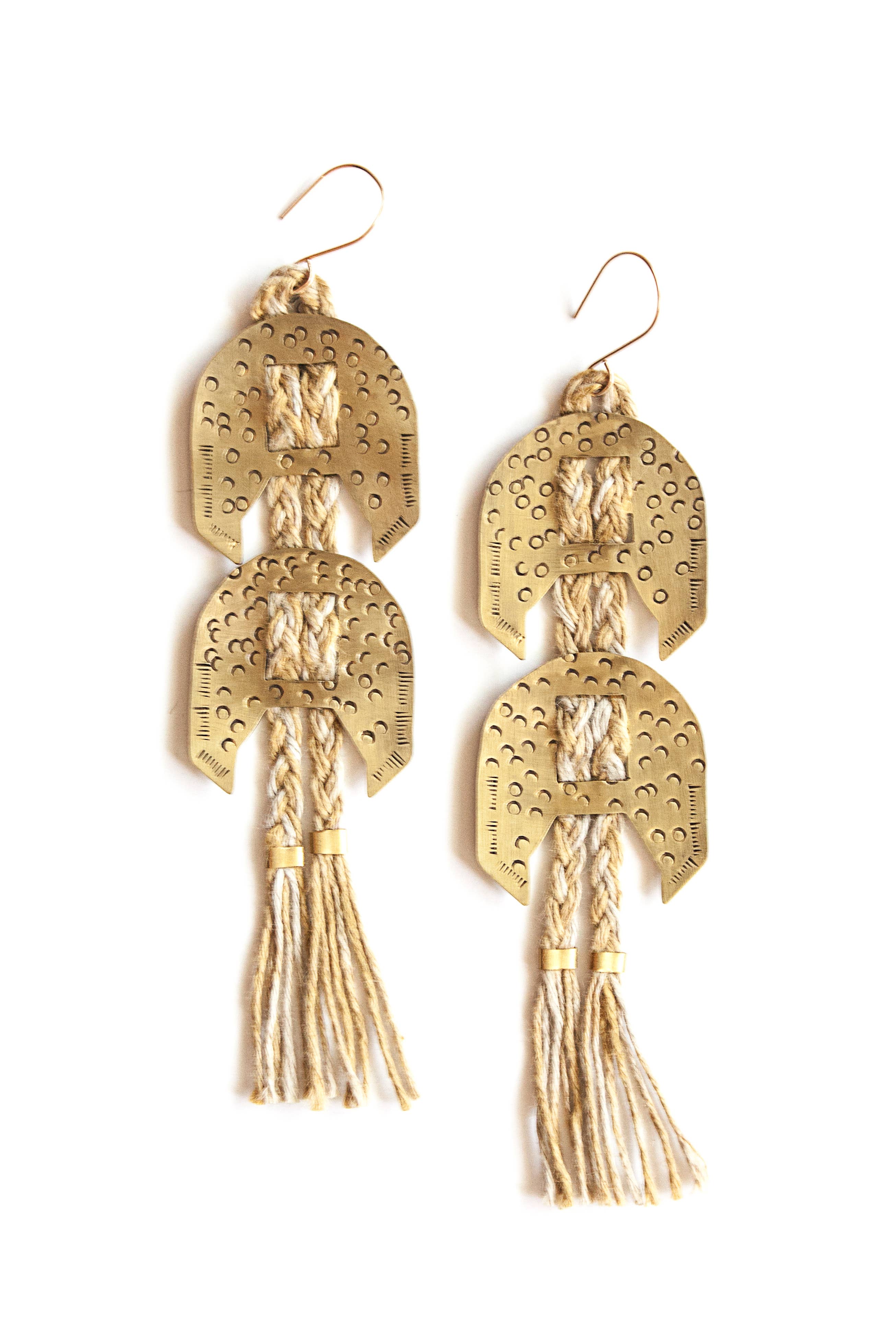Stamped Brass Earrings On Hand Dyed Linen Cord