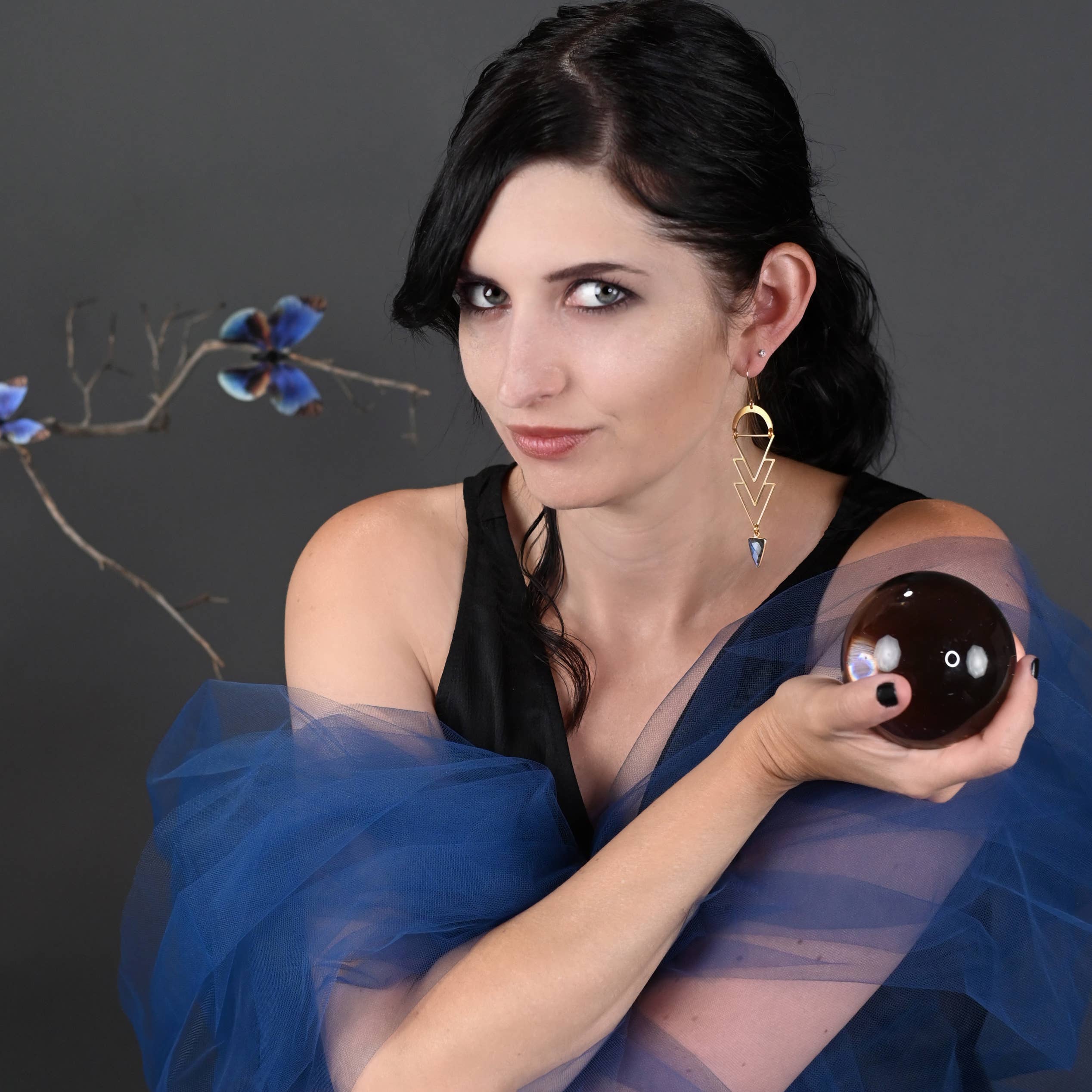 Geometric Brass Triangle x 4 w/ Semi Precious Stone Earrings