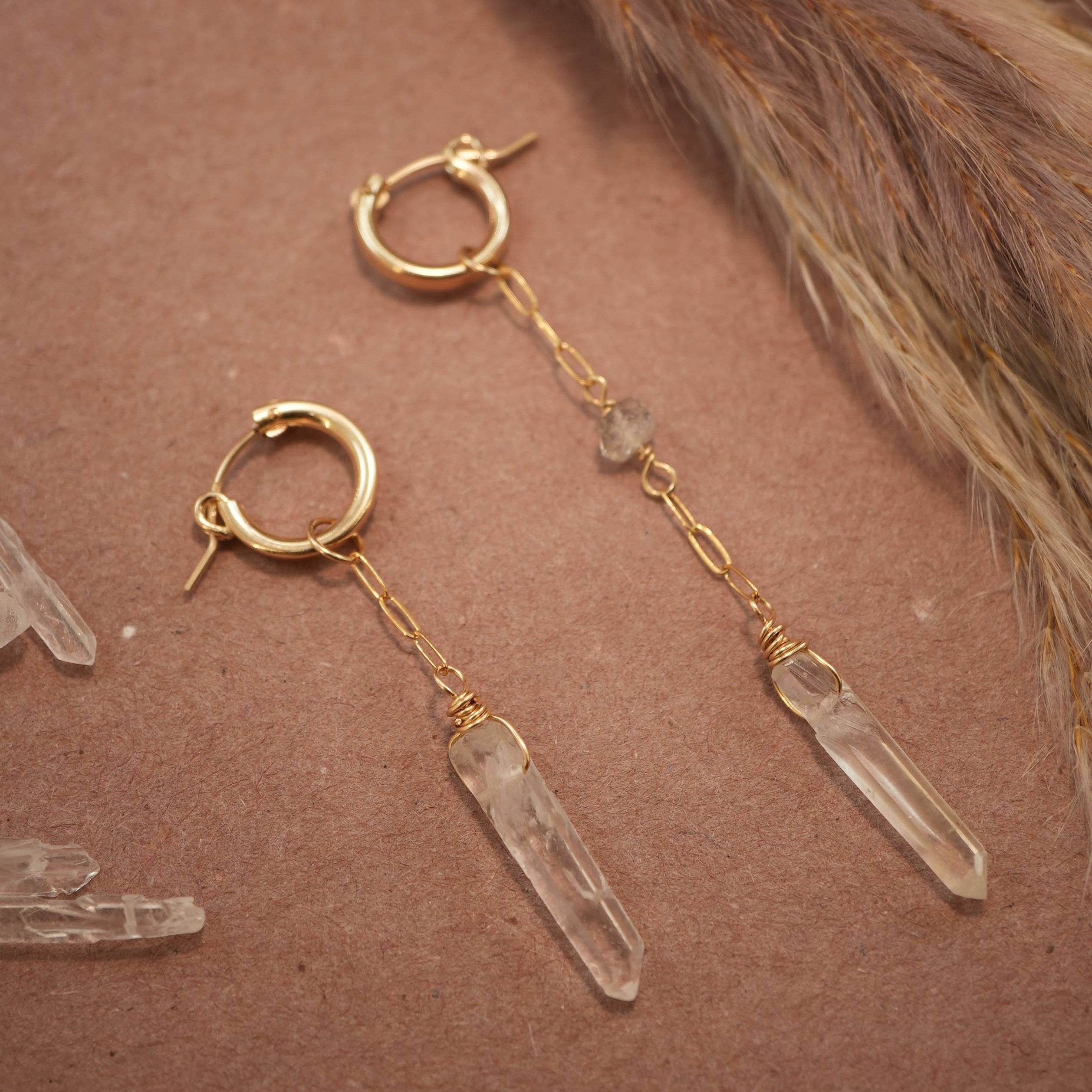 Sunburst Hugger 14K GF Clear Quartz & Herkimer Diamond Hoops