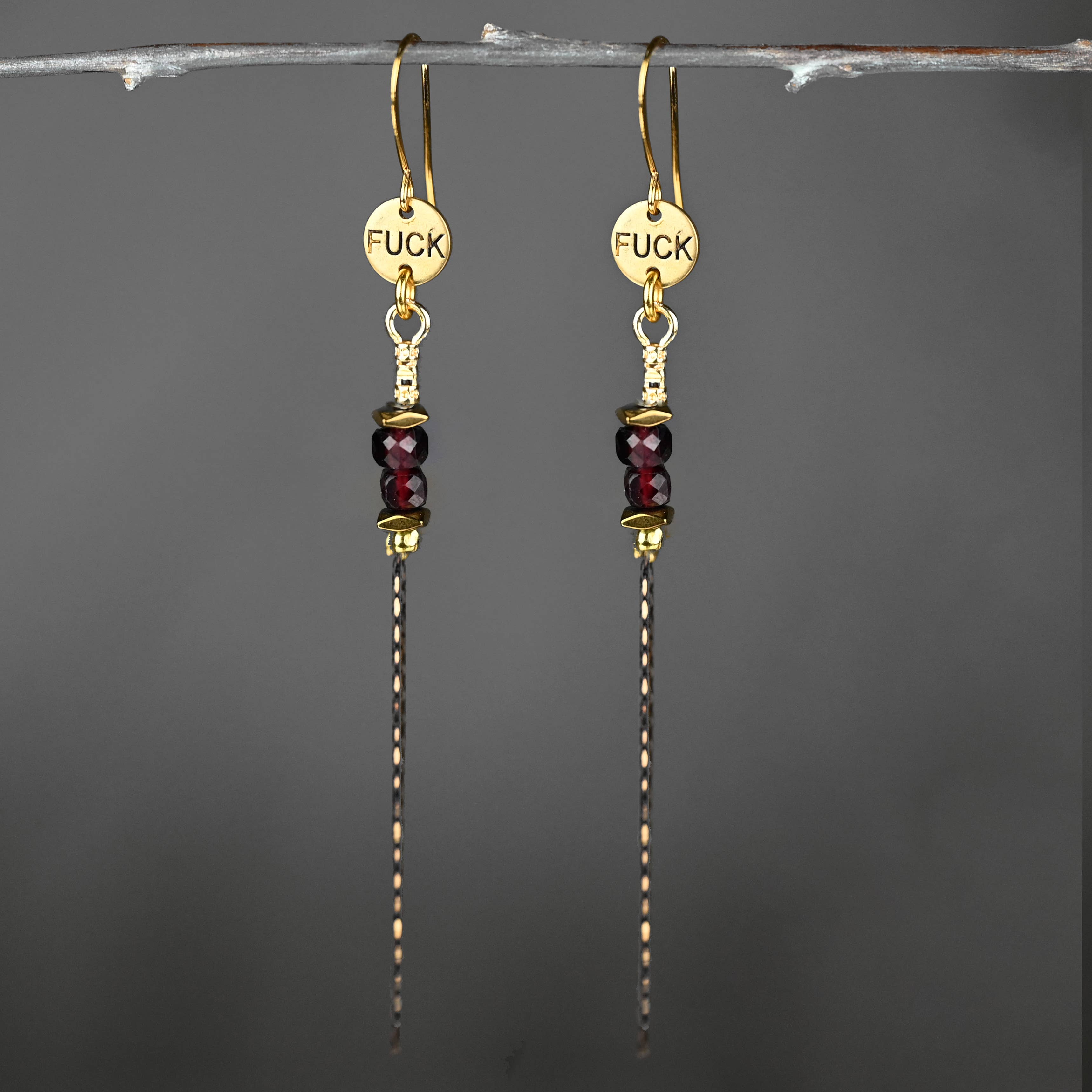 Stamped F*ck Drop Earrings with Delicate Gemstone Chain