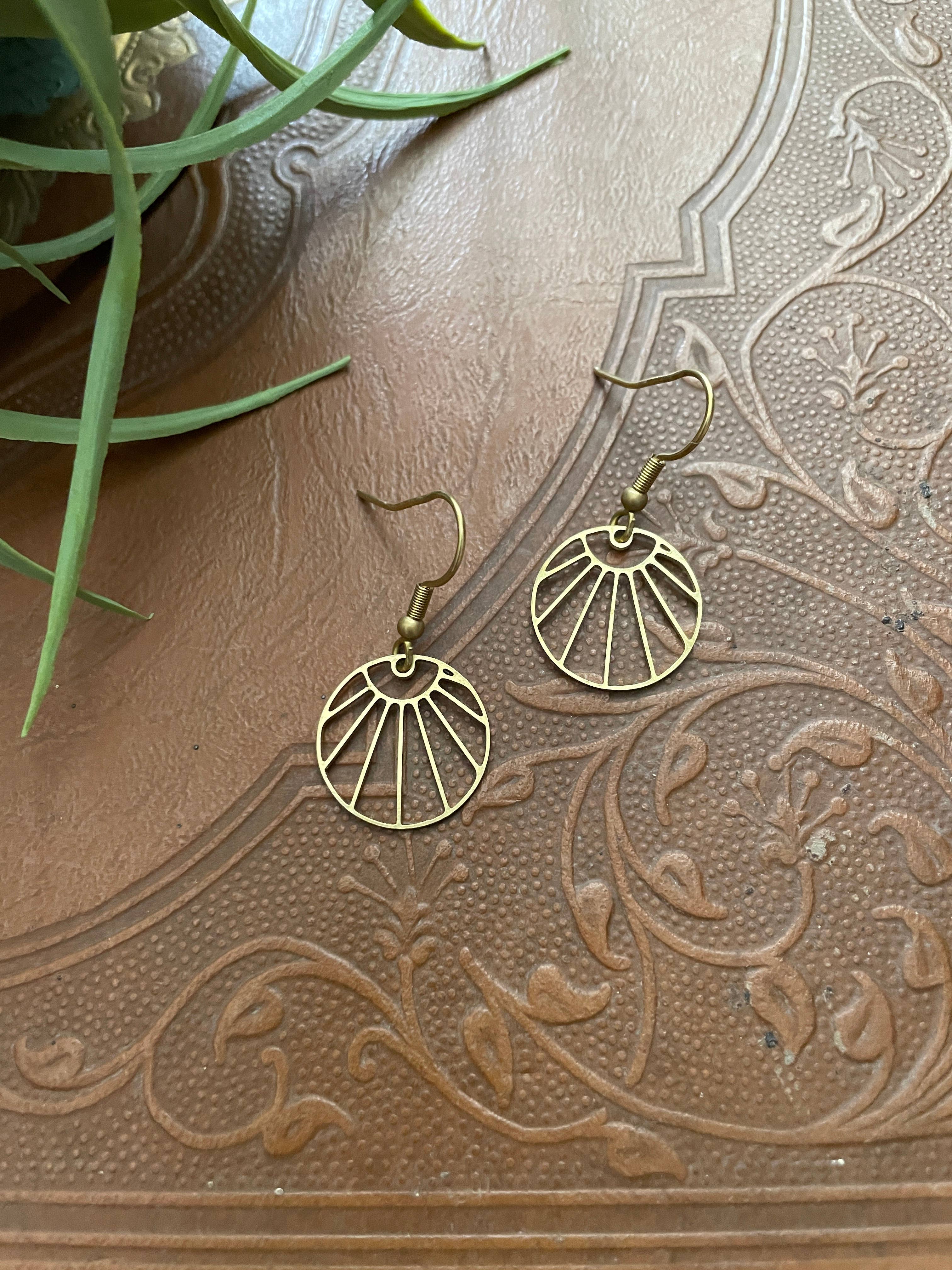 Sunburst Brass Boho Dangle Earrings, Minimalist - Metal