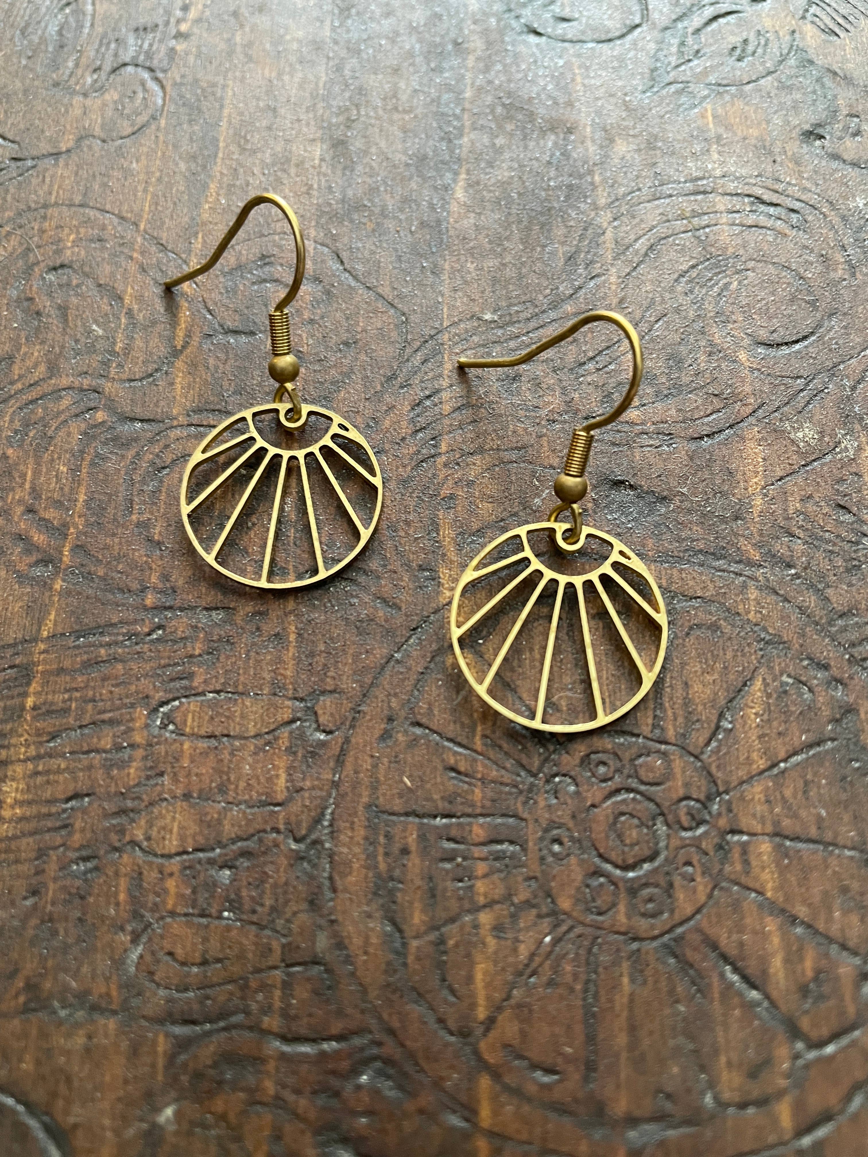 Sunburst Brass Boho Dangle Earrings, Minimalist - Metal