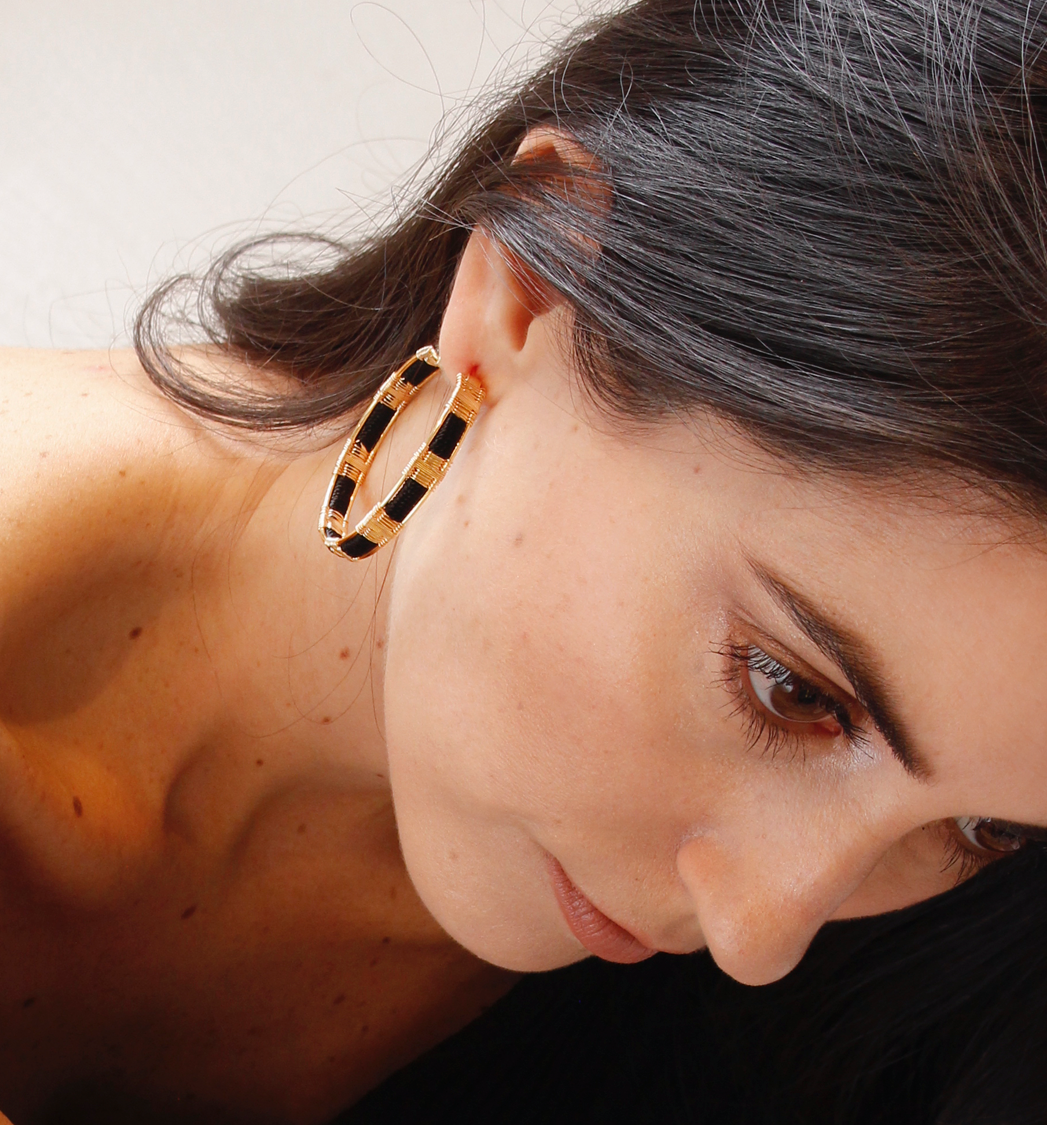 Wire and Cord Everyday Hoop Earrings (Black)