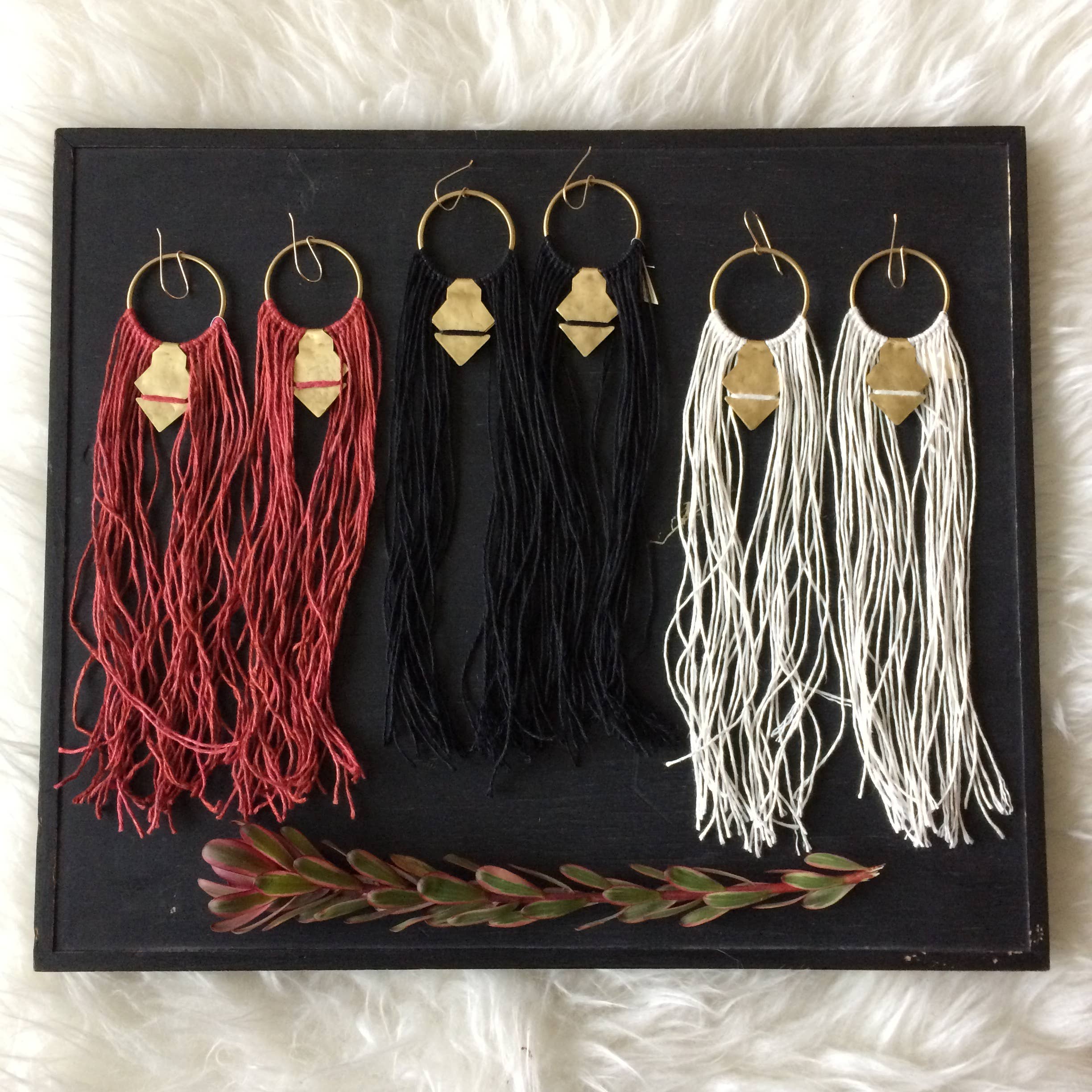 Textured Brass Hoop Earrings w/ Dyed Linen Tassels // Large