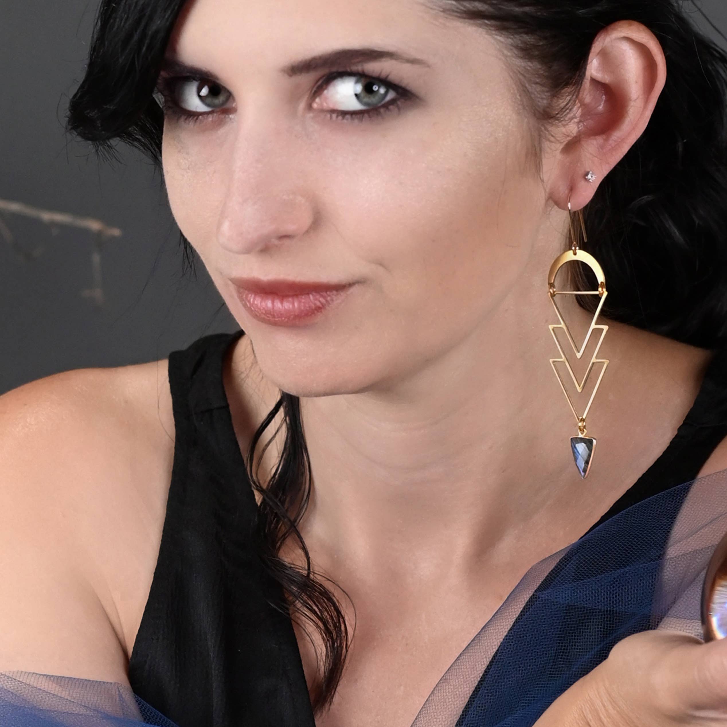 Geometric Brass Triangle x 4 w/ Semi Precious Stone Earrings