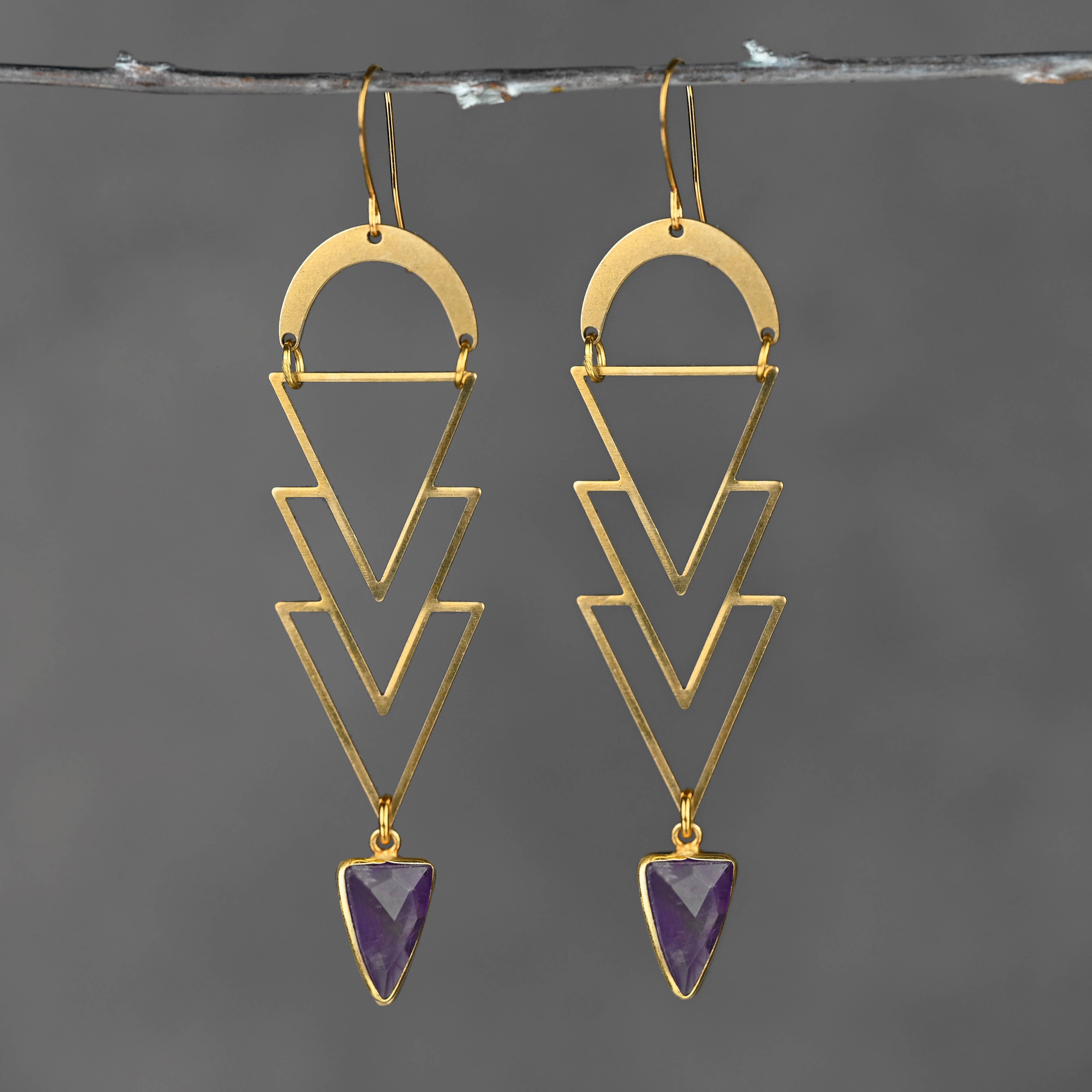 Geometric Brass Triangle x 4 w/ Semi Precious Stone Earrings