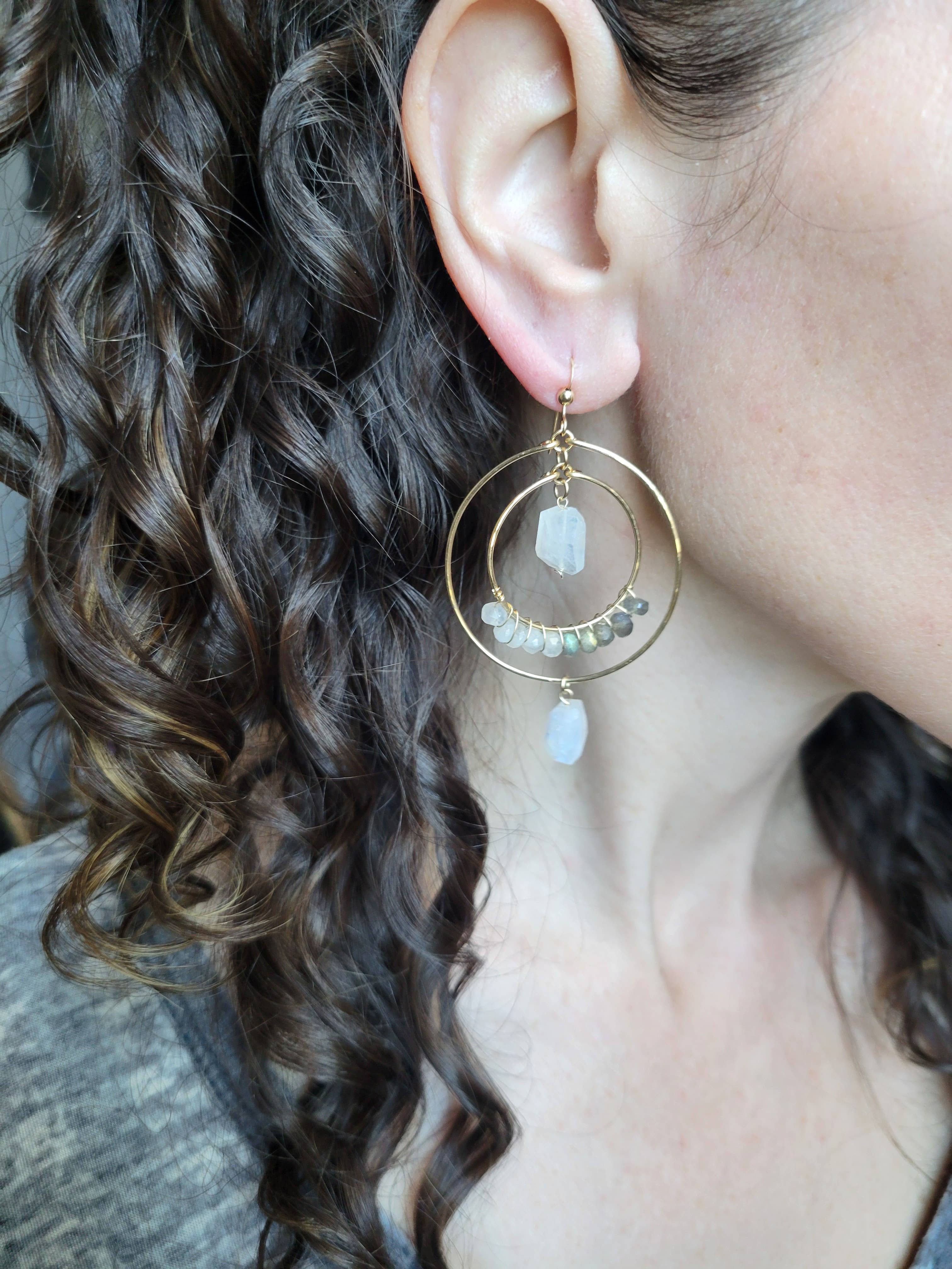 Moonstone Dangle Hoop Earrings with Labradorite