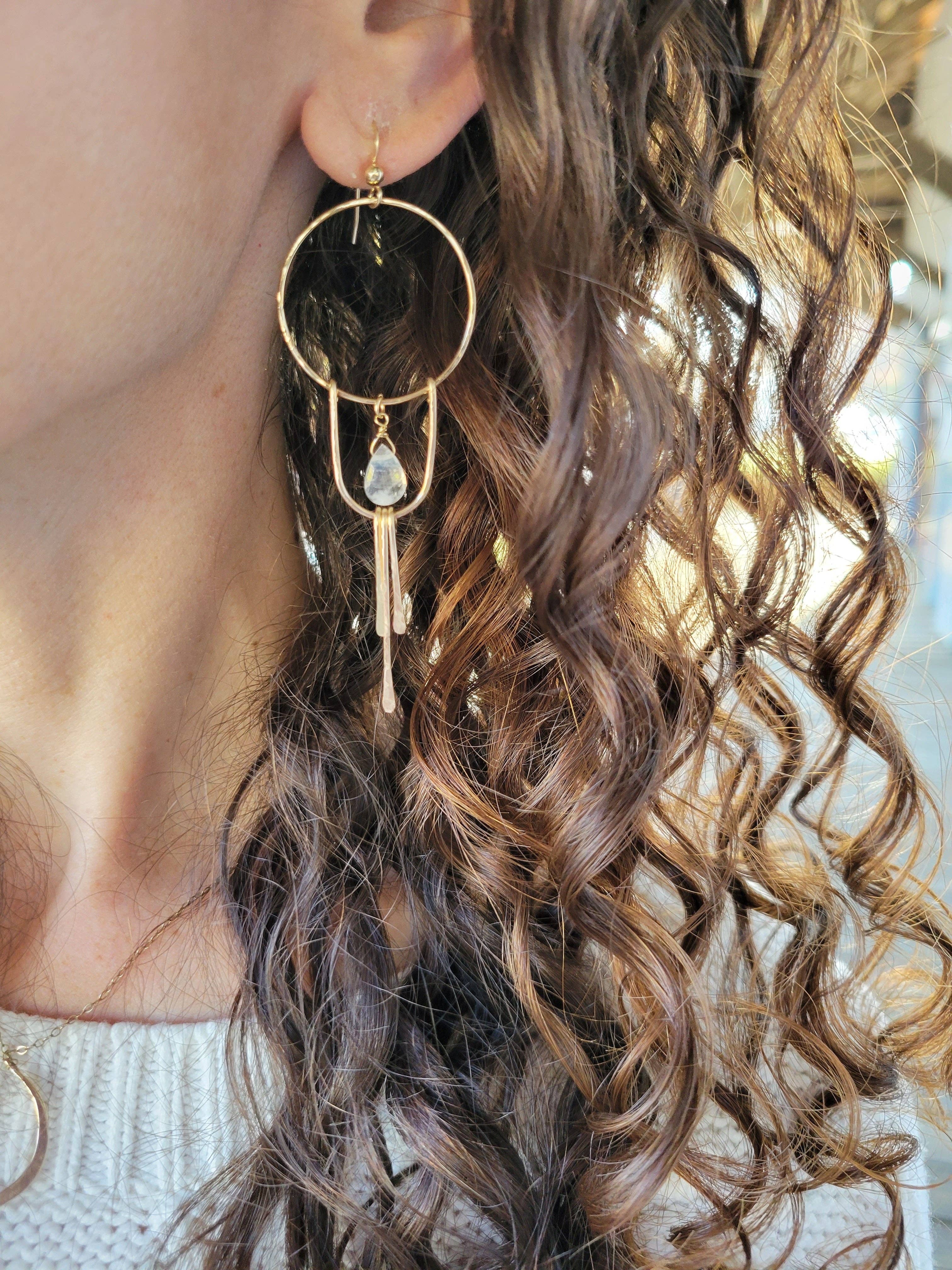Long Moonstone Fringe Hoop Earrings
