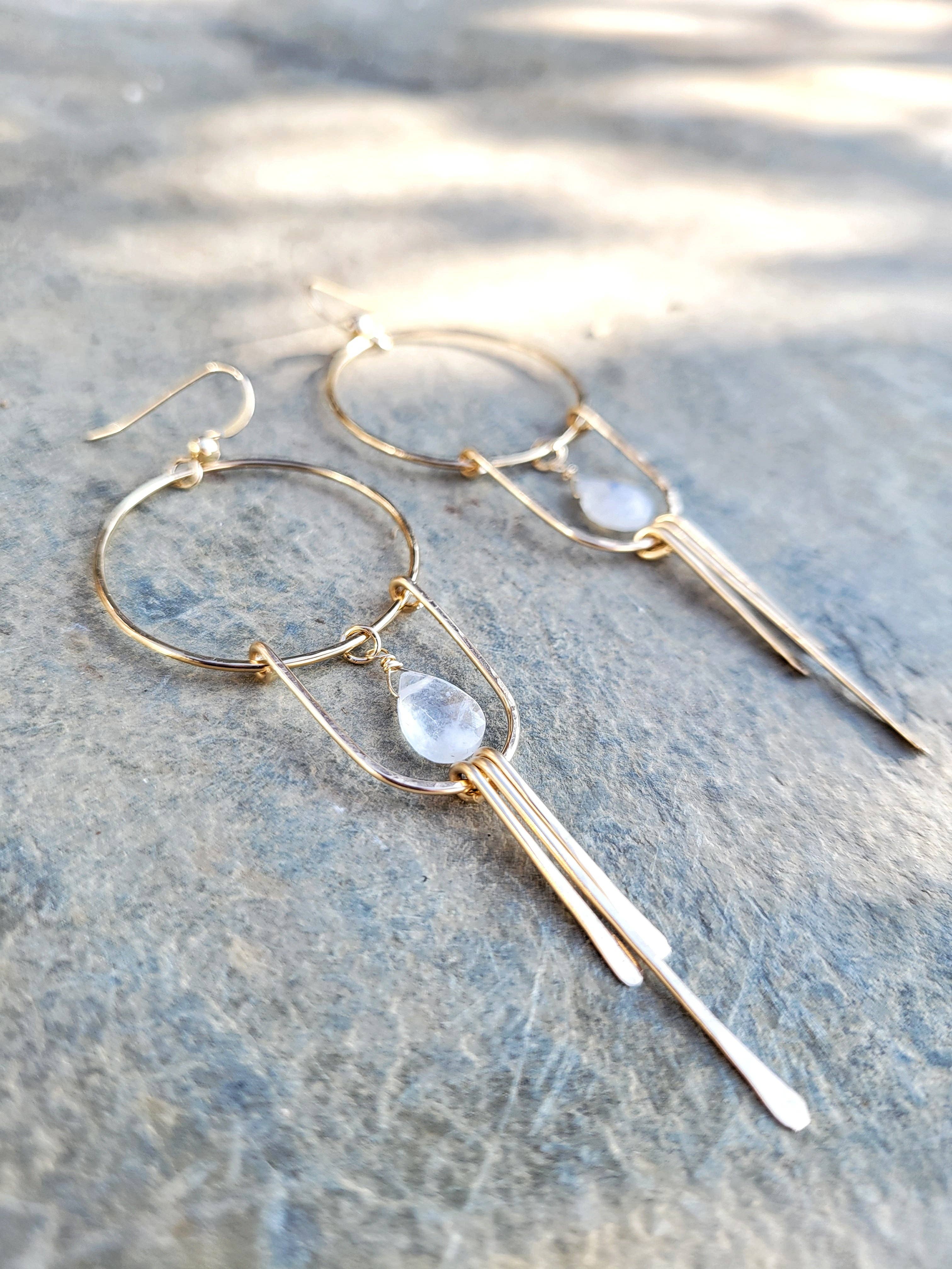 Long Moonstone Fringe Hoop Earrings