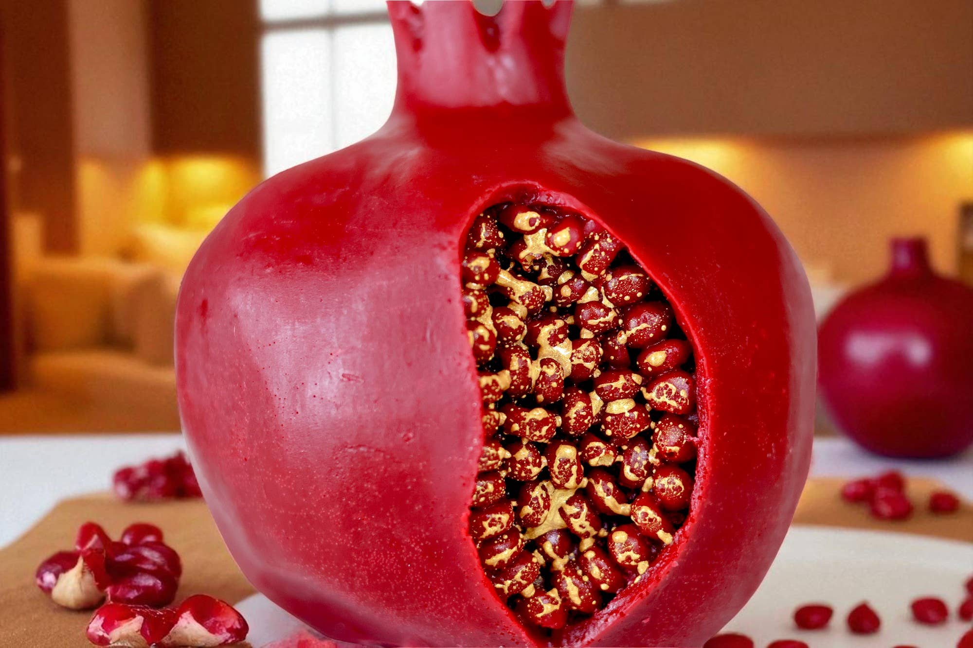 Pomegranate Candle with Golden Seeds 3.5x3in