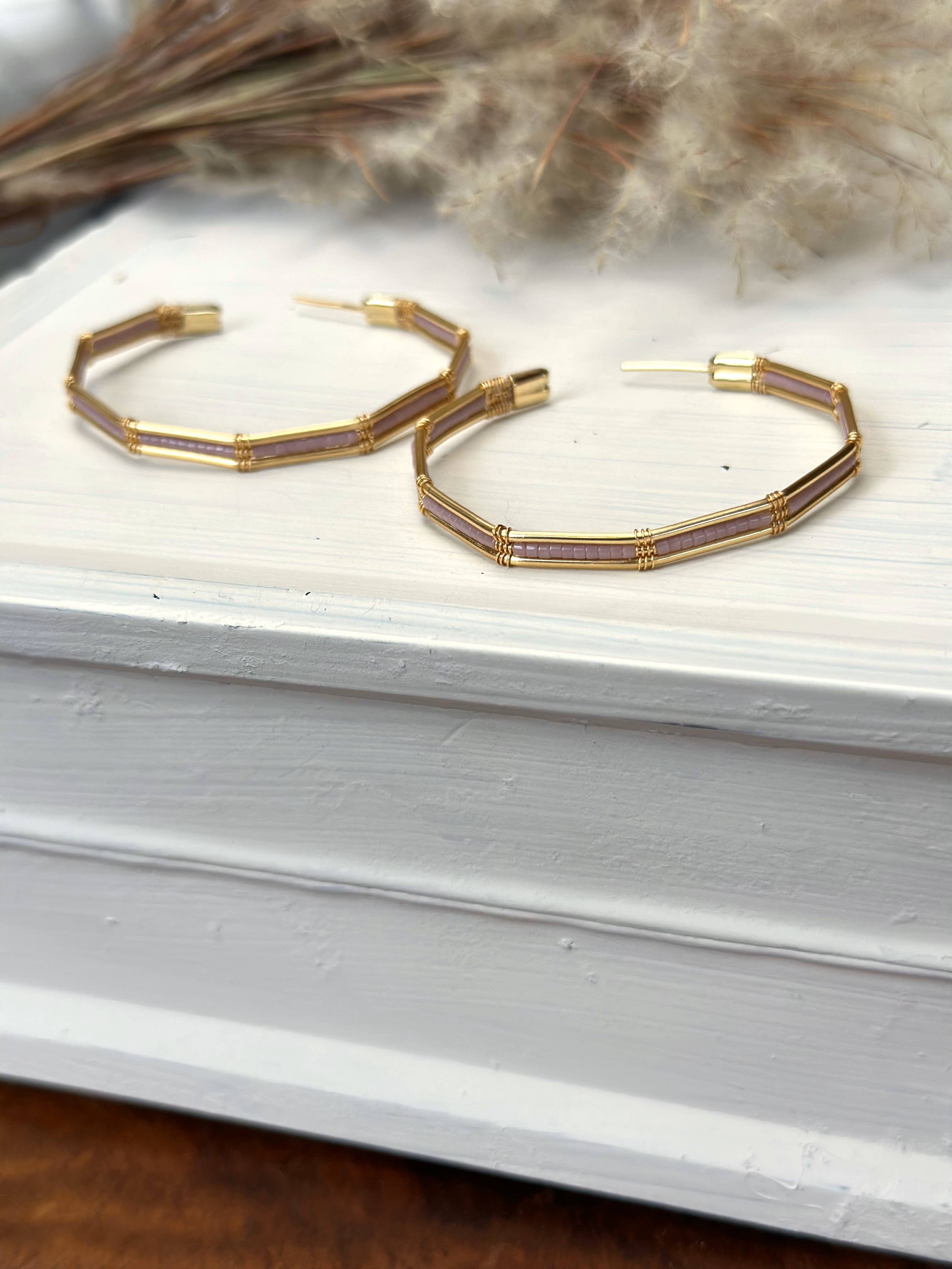 Wire and Bead Single Hoop Earrings (Rose)