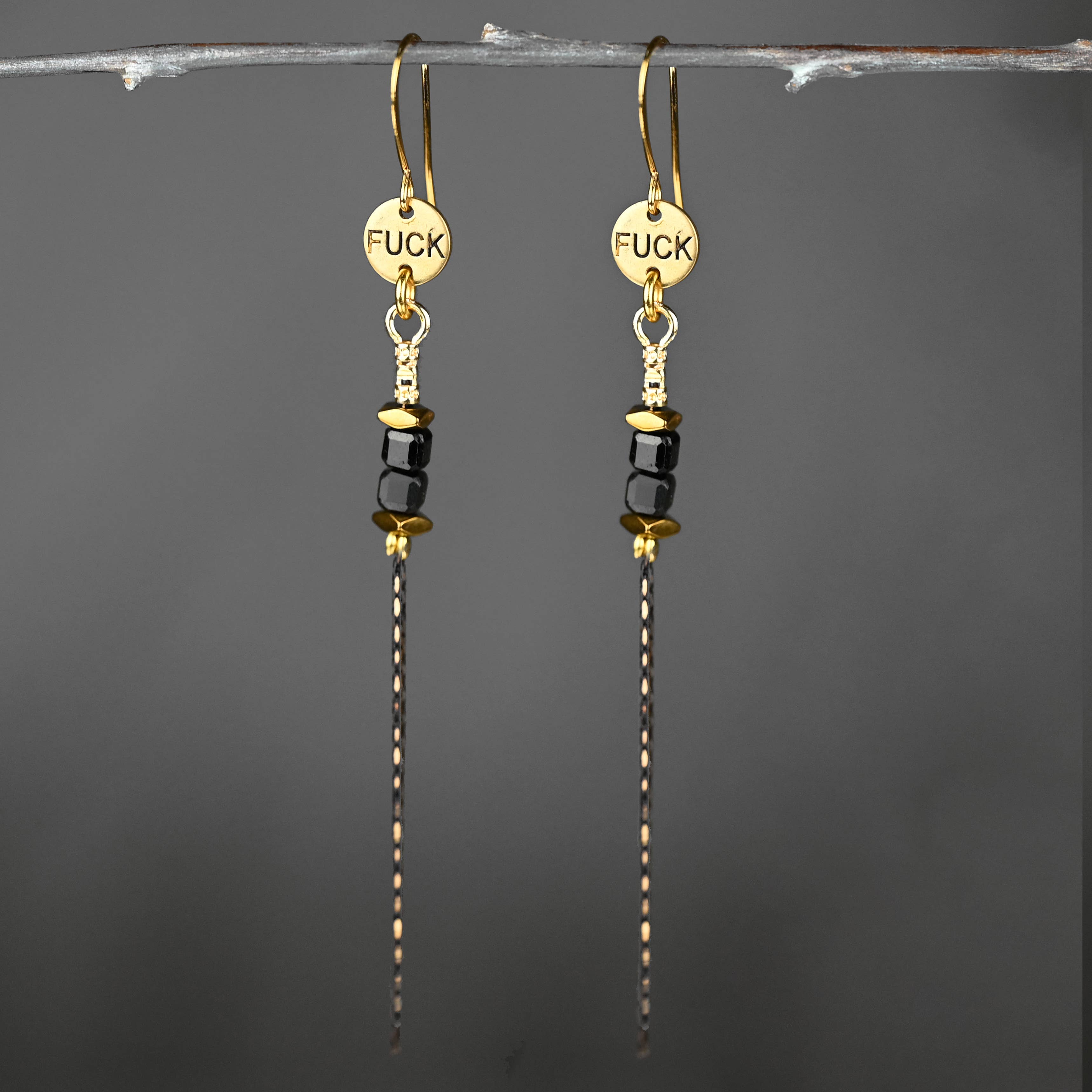Stamped F*ck Drop Earrings with Delicate Gemstone Chain