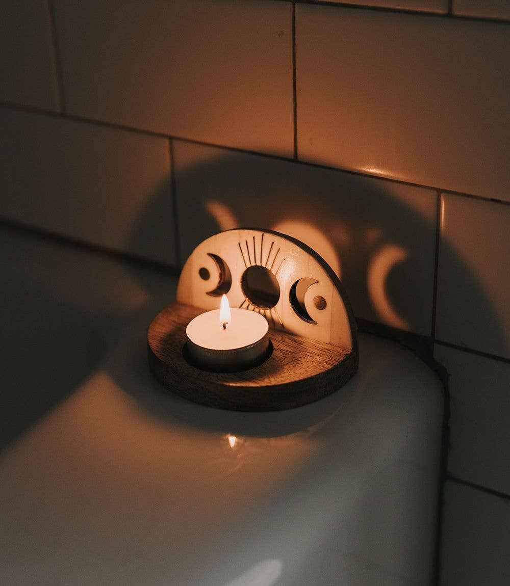 Indukala Moon Phase Tealight Candle Holder-Carved Bone Wood