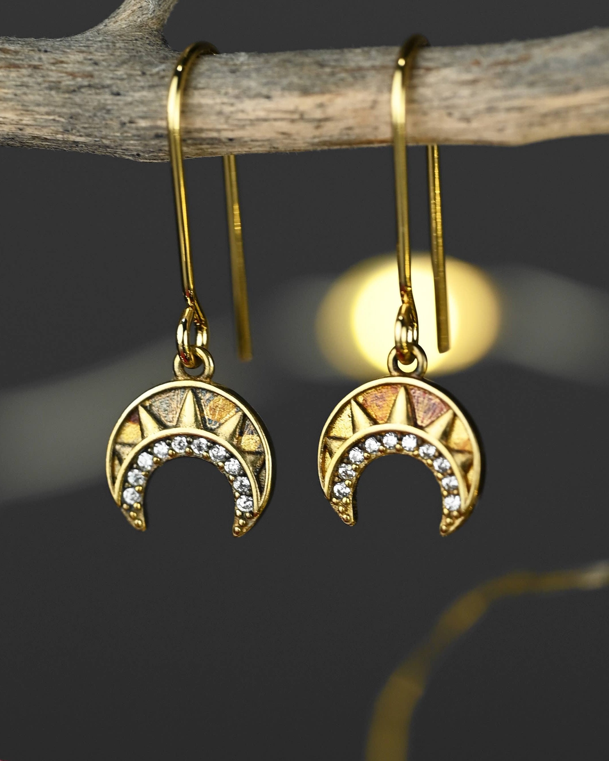 Vintage Deco Crescent Earrings with Tiny Crystals