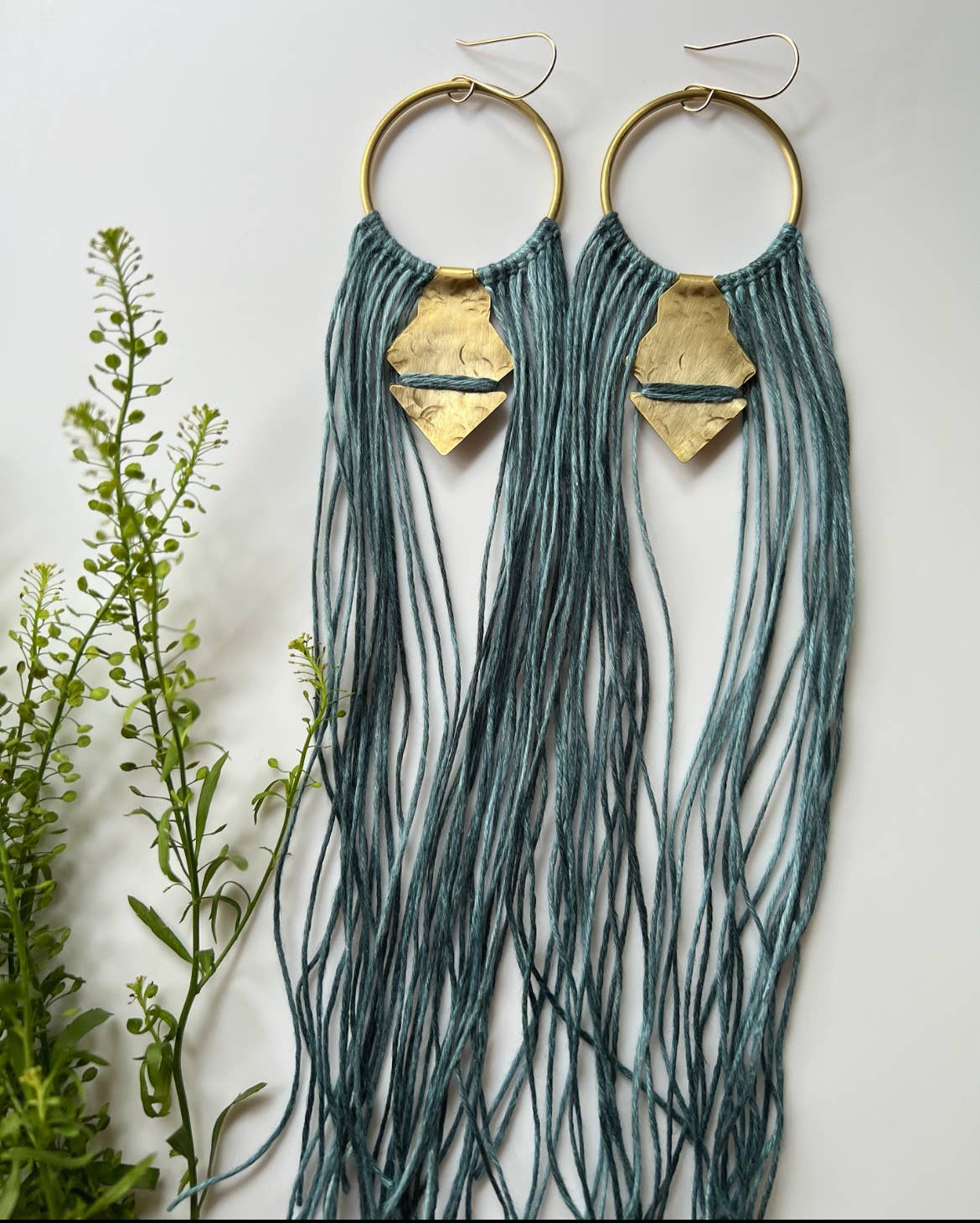 Textured Brass Hoop Earrings w/ Dyed Linen Tassels // Large