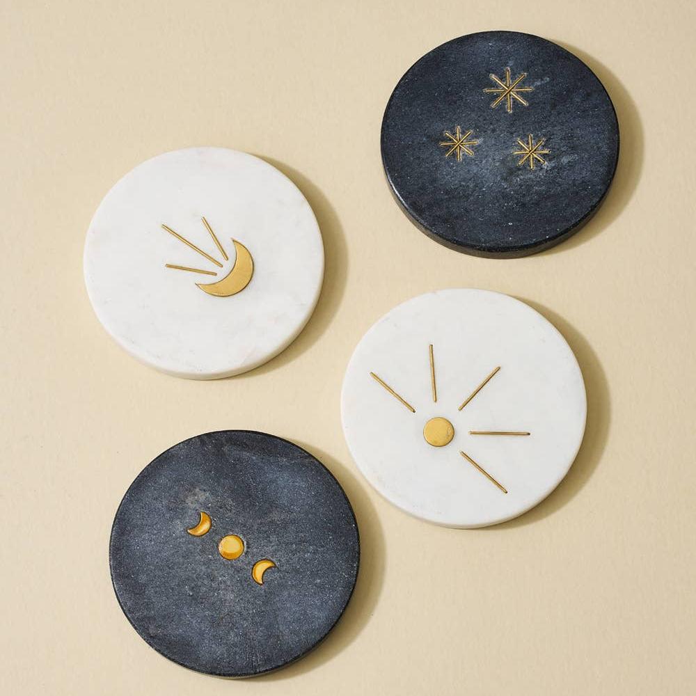 Indukala Moon Phase Marble Coasters - Black, White, Set of 4