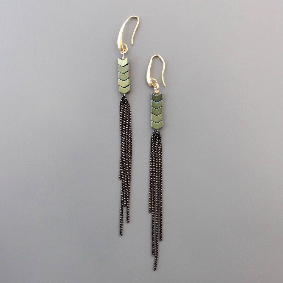 Green Hematite &  Chain Fringe Shoulder Duster Earrings