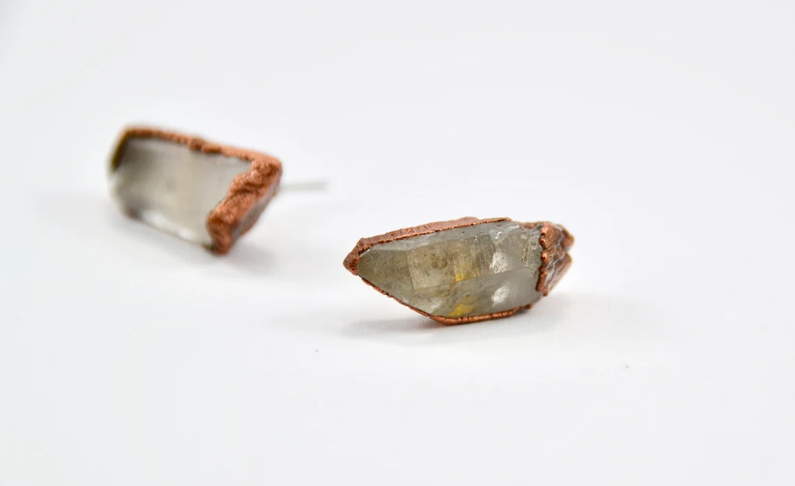 Raw Quartz Crystal Studs | Crystal Earrings | Copper Crystal