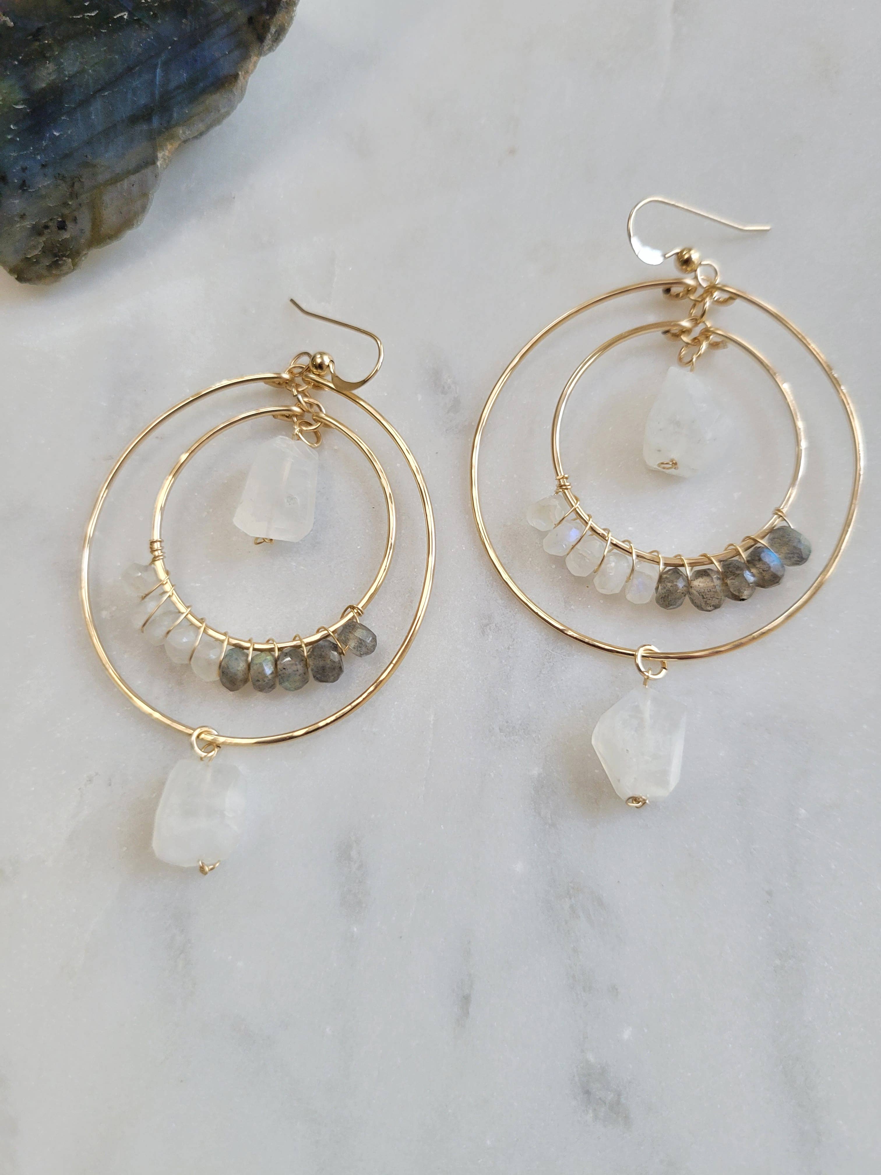 Moonstone Dangle Hoop Earrings with Labradorite