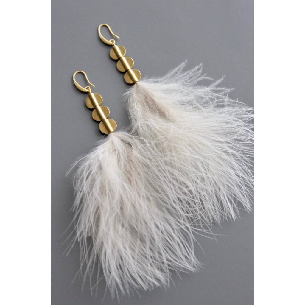 Blush Feather and Brass Disc Earrings