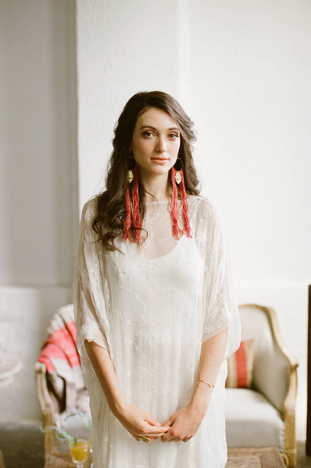 Textured Brass Hoop Earrings w/ Dyed Linen Tassels // Large