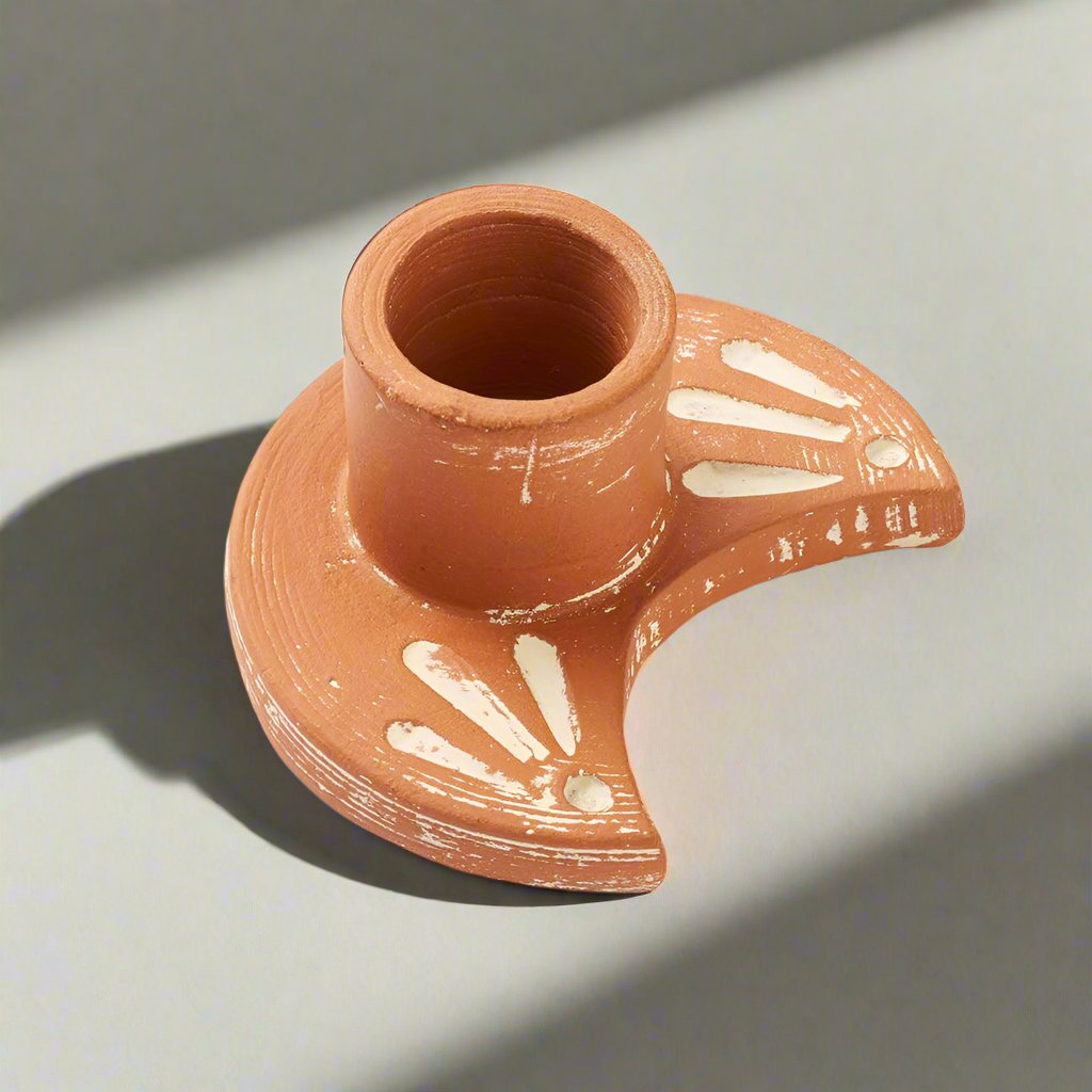 Daksha Crescent Moon Taper Candle Holder - terracotta