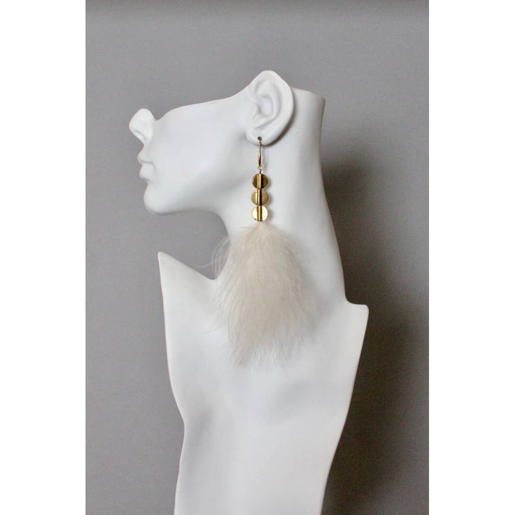 Blush Feather and Brass Disc Earrings