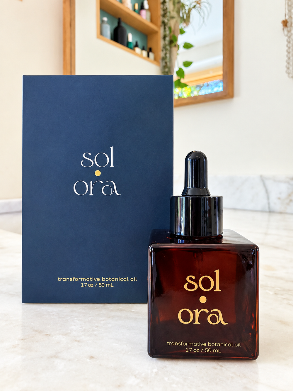 The Sol Ora bottle in front of its navy carton on a marble vanity
