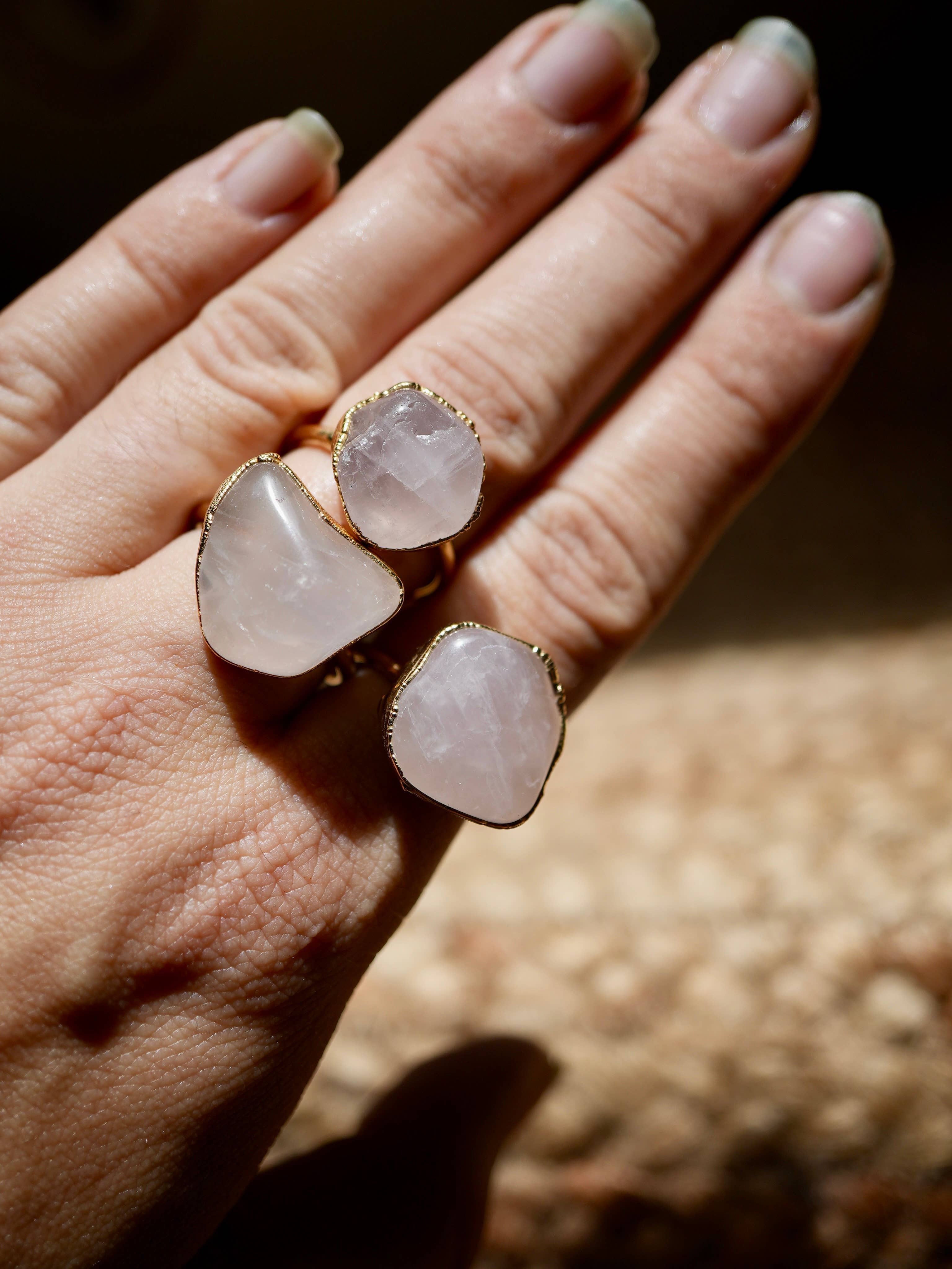 Gold Rose Quartz Tumbled Statement Ring || Stone of Love