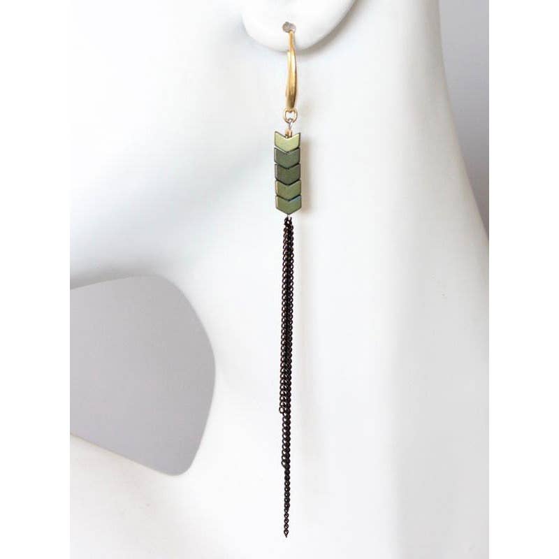Green Hematite &  Chain Fringe Shoulder Duster Earrings
