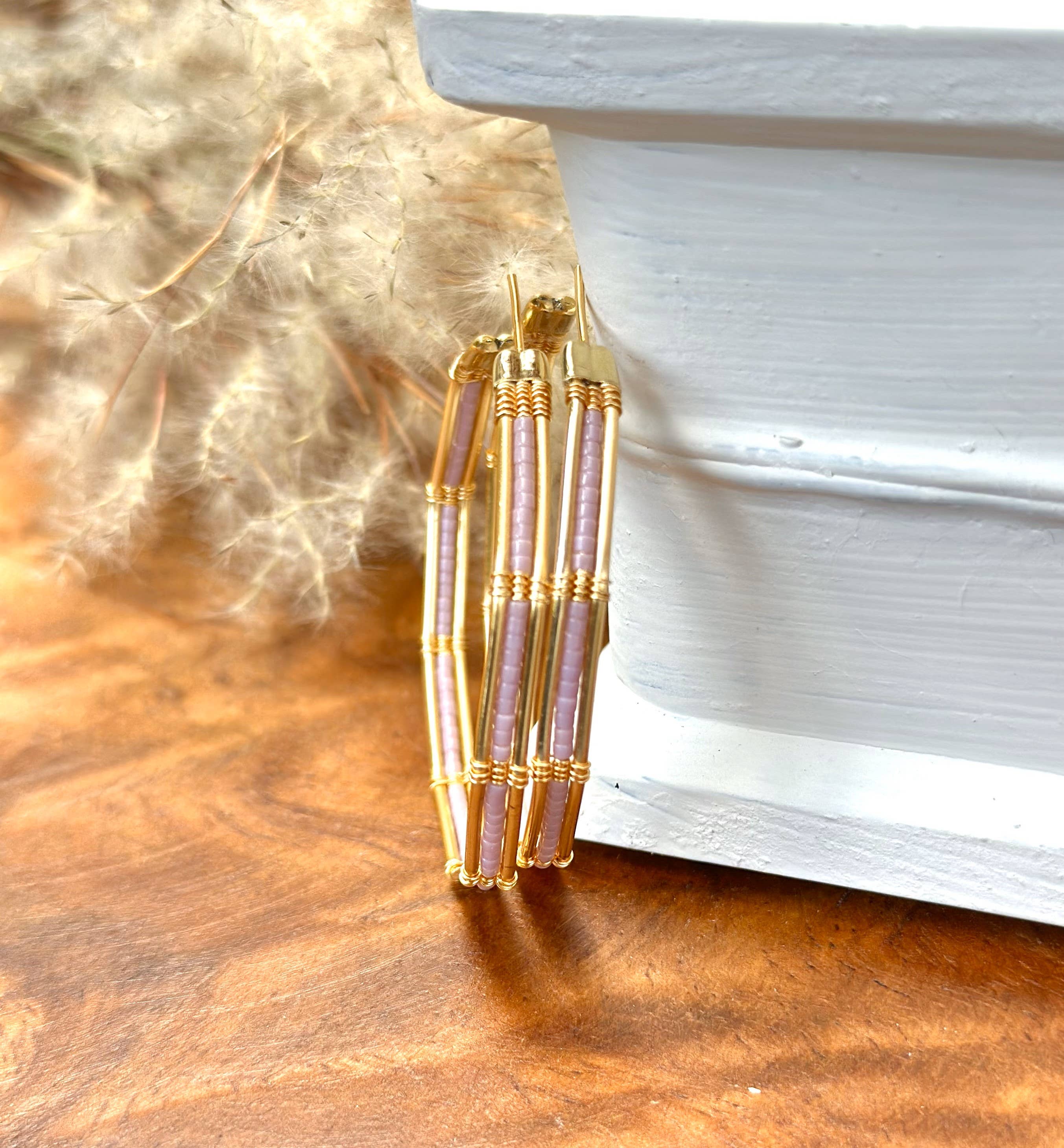 Wire and Bead Single Hoop Earrings (Rose)