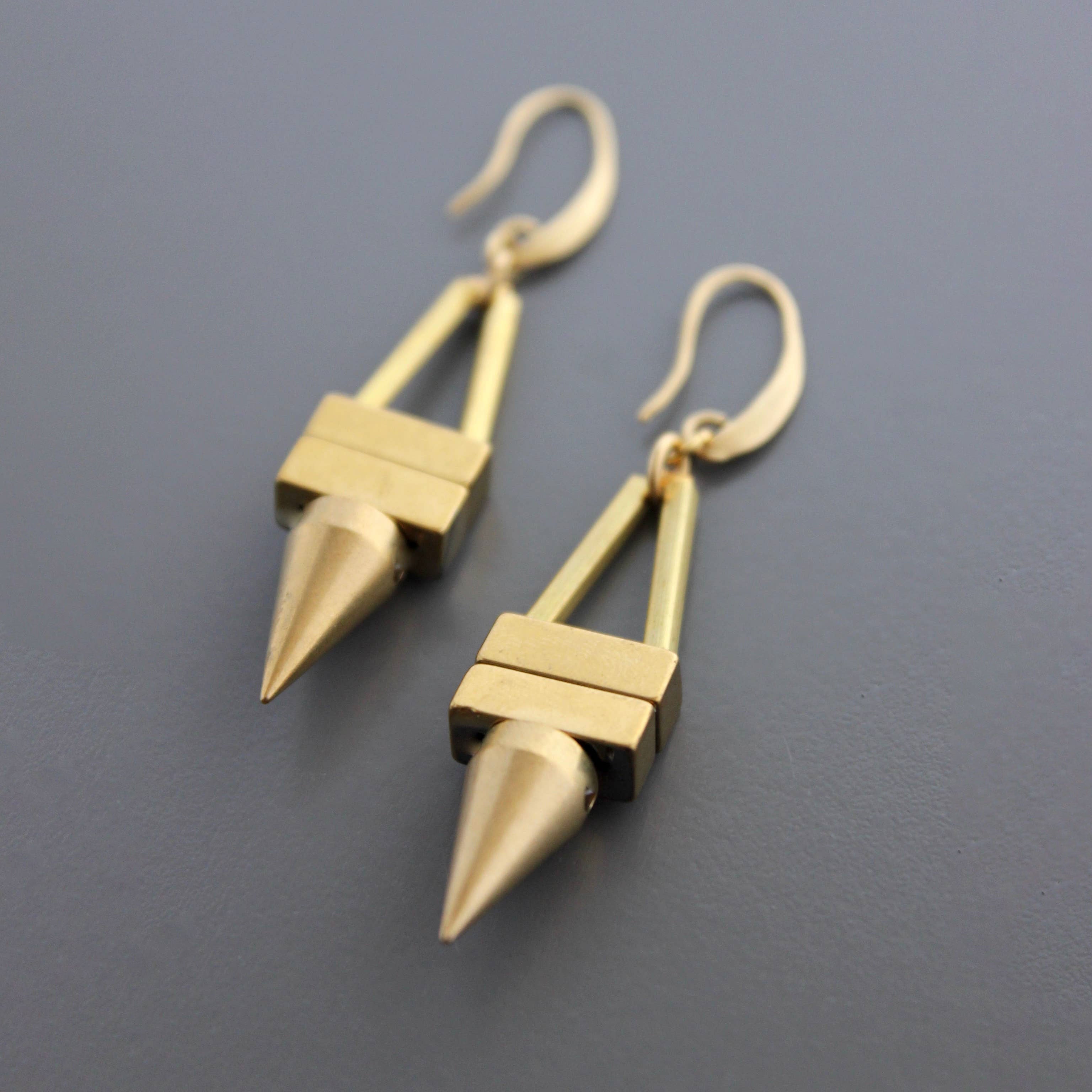 Geometric Hematite and Brass Spike Earrings