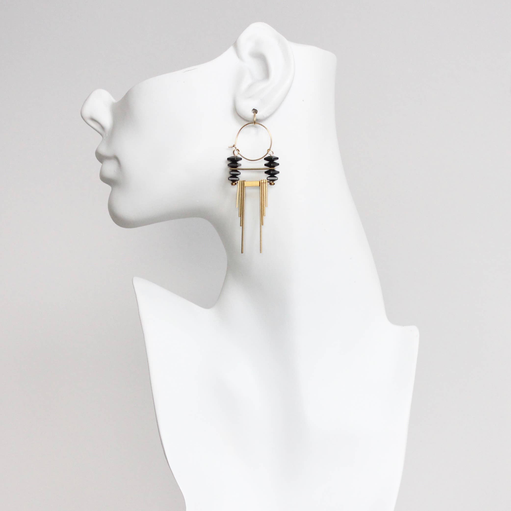 ArtDeco Hematite and Brass Hoop Earrings