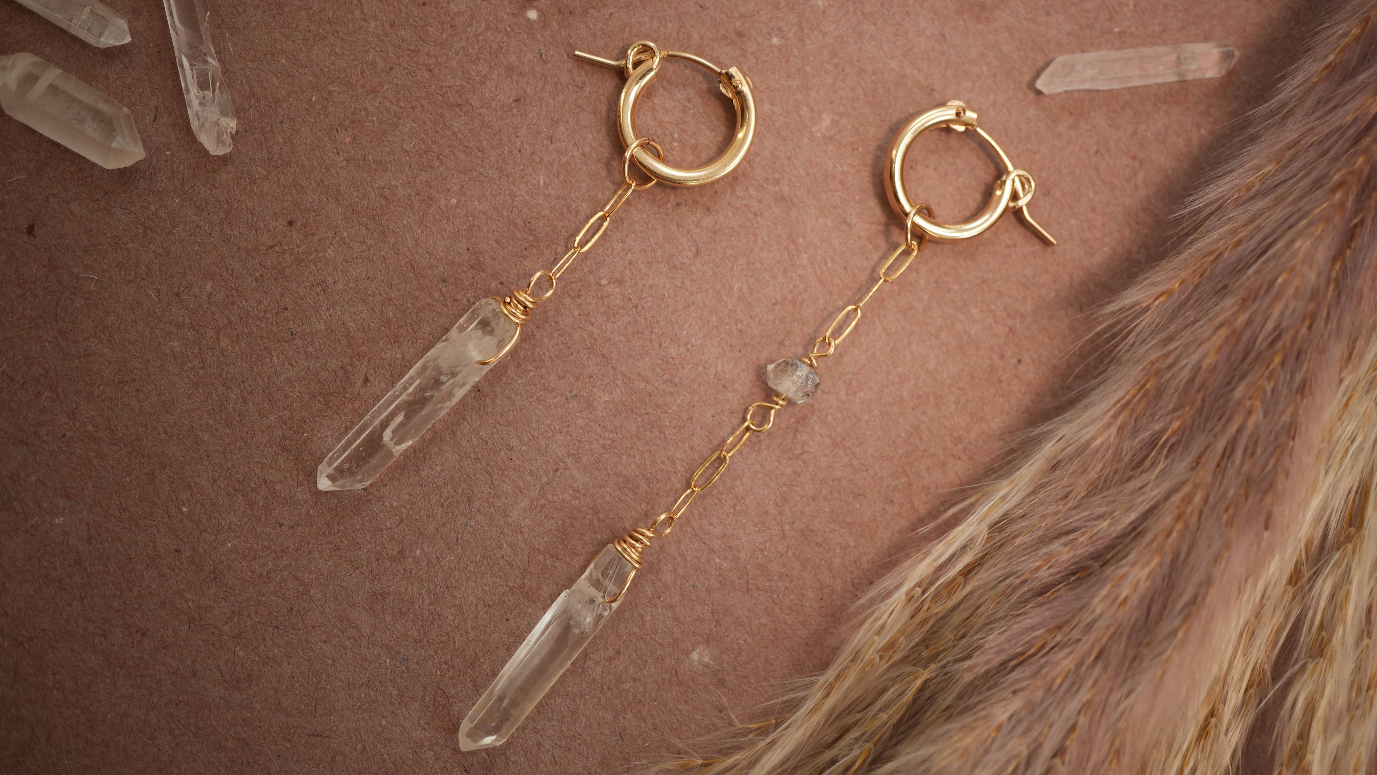 Sunburst Hugger 14K GF Clear Quartz & Herkimer Diamond Hoops