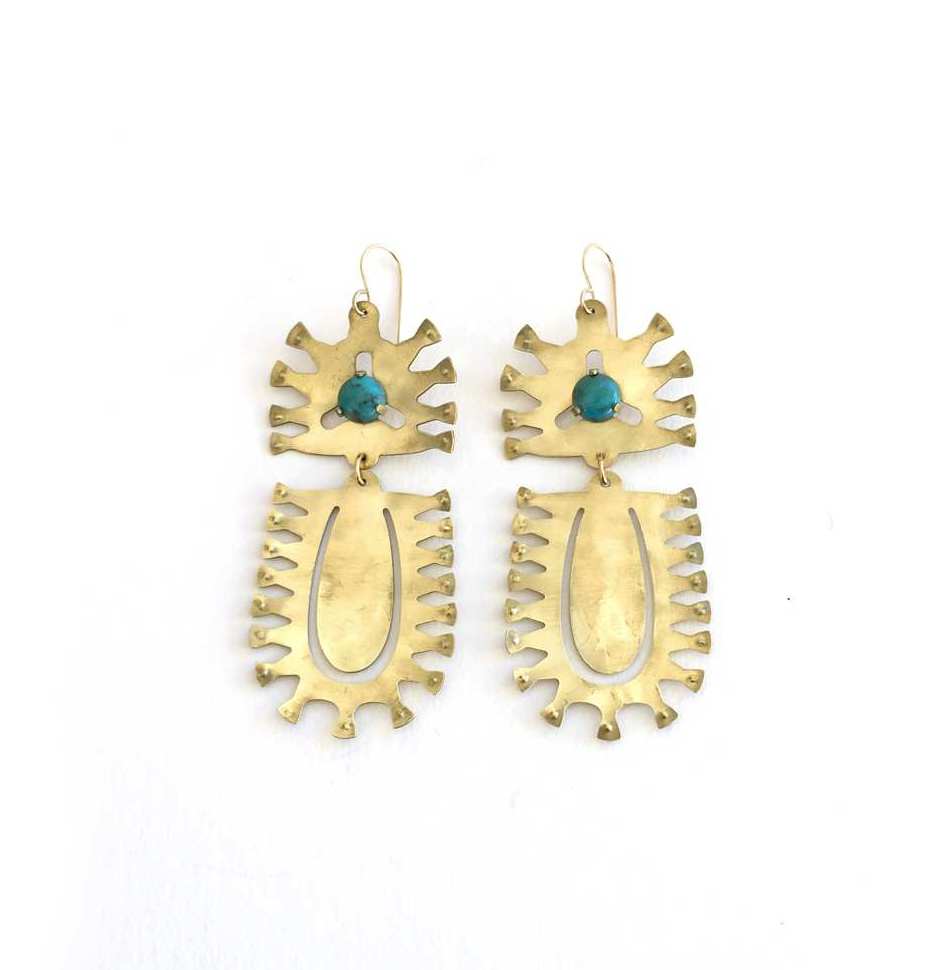 Textured Brass Earrings w/ Prong Set Stones