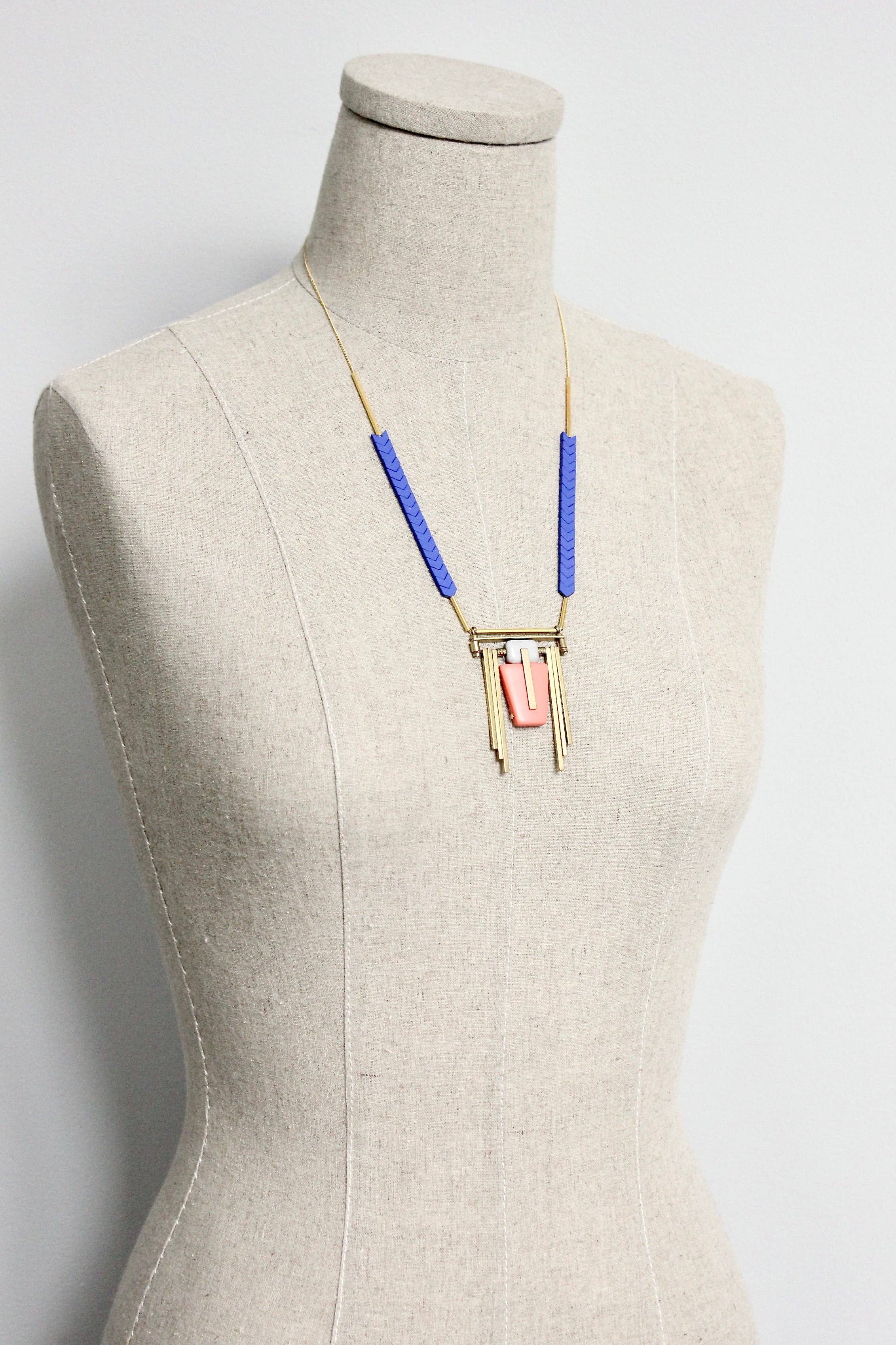 Blue and Coral Art Deco Chain Necklace