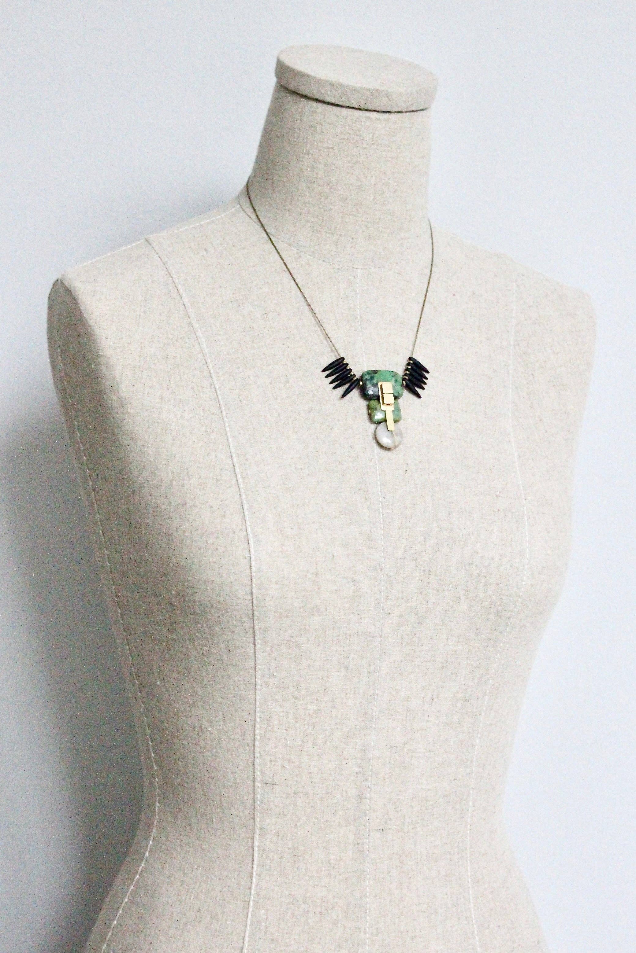 Jasper and Jet Glass Pendant Necklace