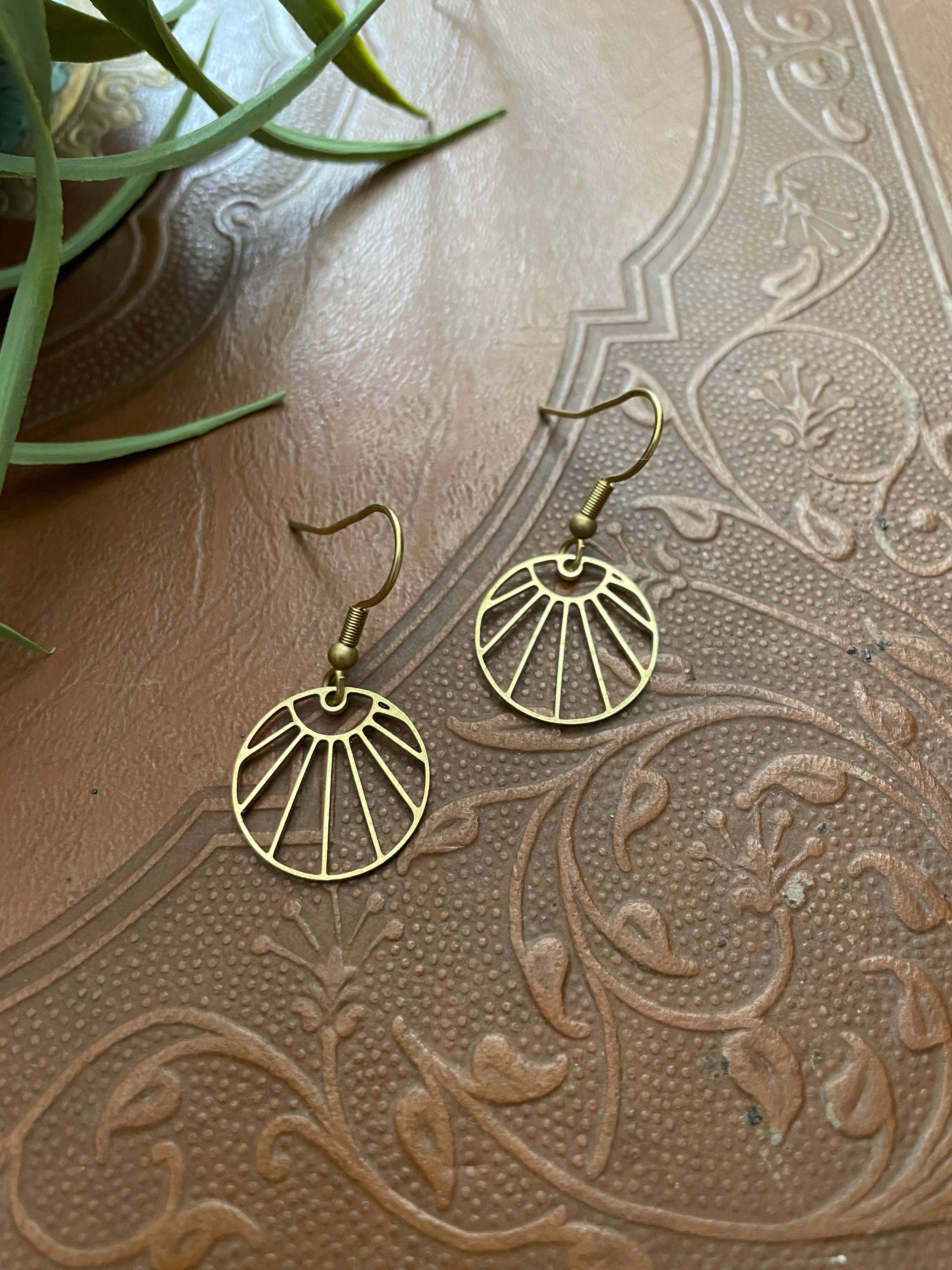Sunburst Brass Boho Dangle Earrings, Minimalist - Metal