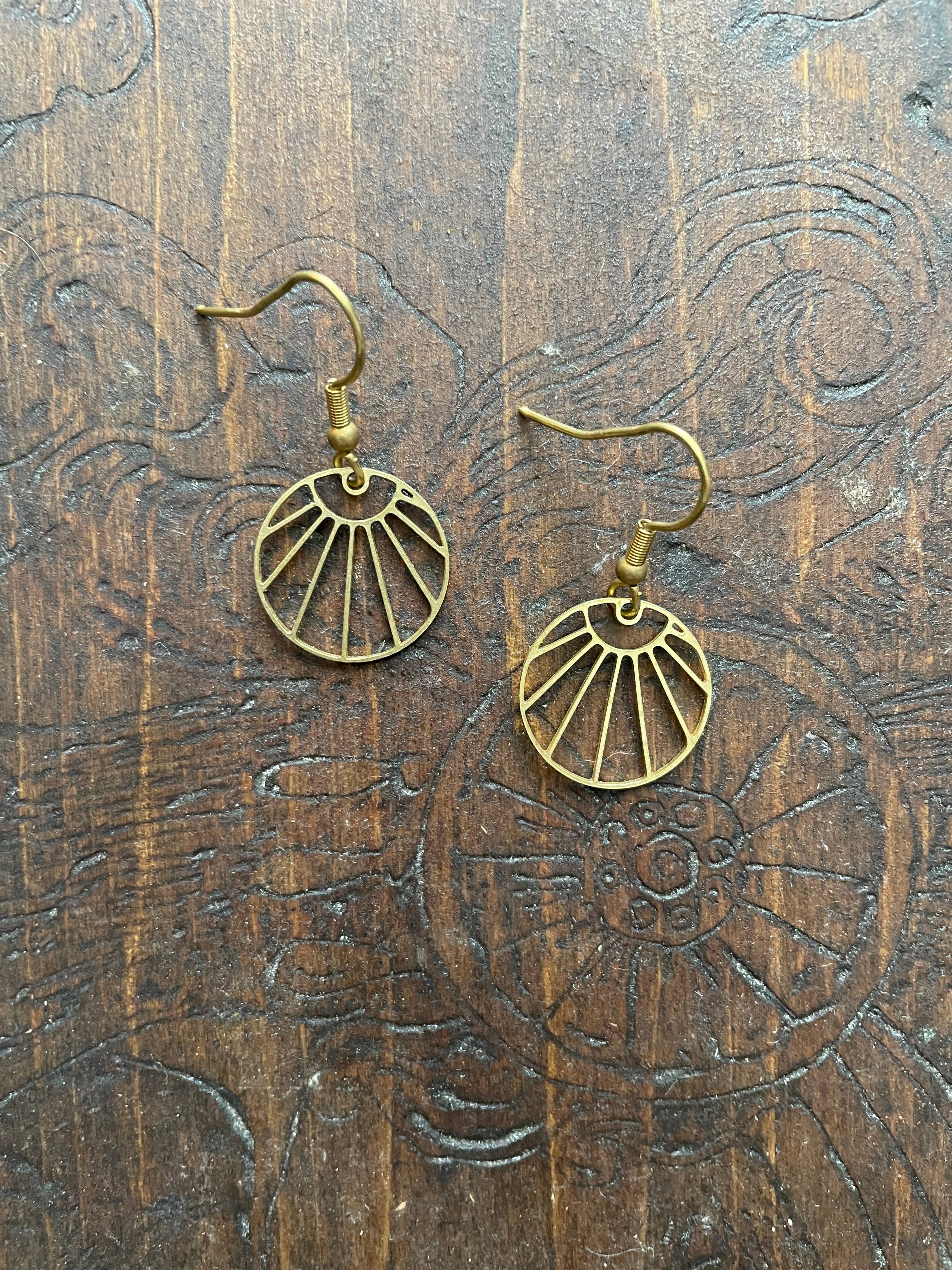 Sunburst Brass Boho Dangle Earrings, Minimalist - Metal