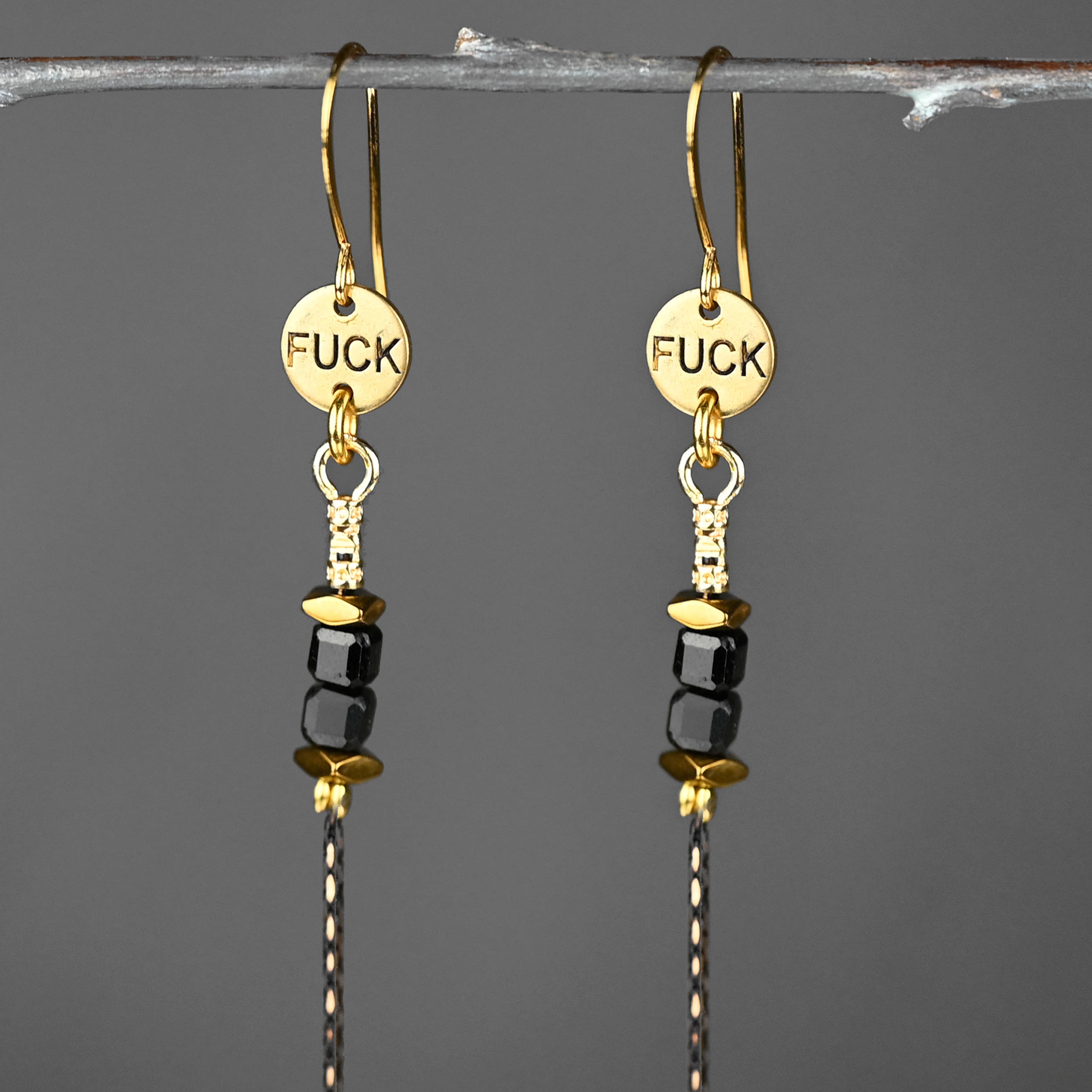 Stamped F*ck Drop Earrings with Delicate Gemstone Chain