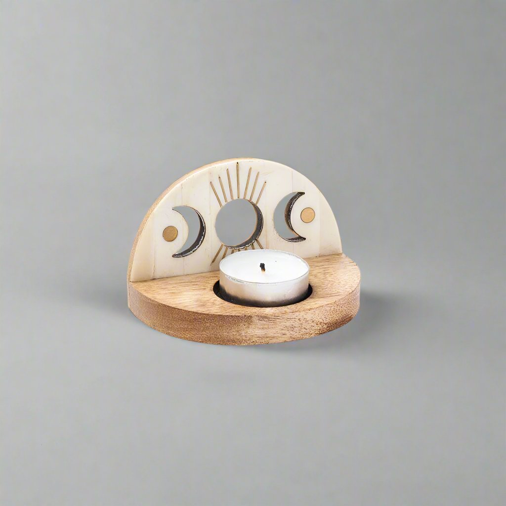 Indukala Moon Phase Tealight Candle Holder-Carved Bone Wood