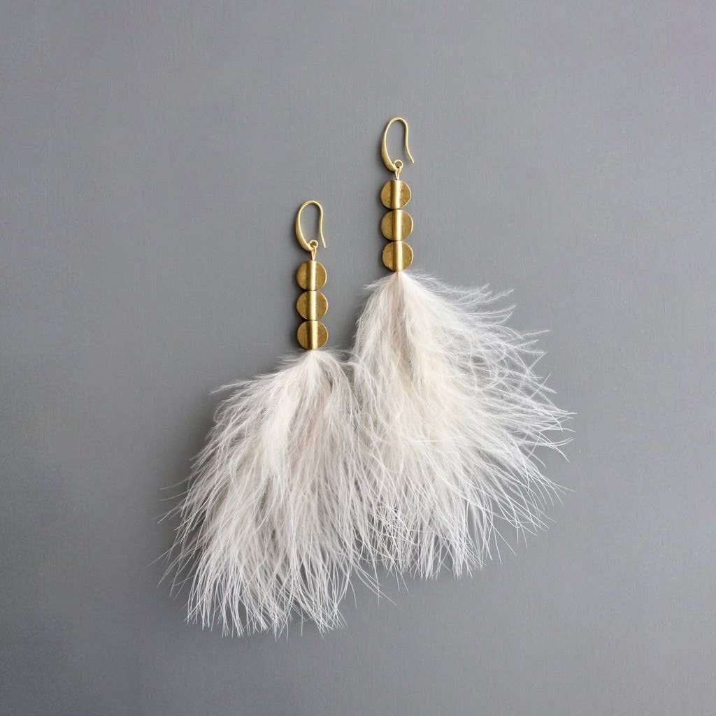 Blush Feather and Brass Disc Earrings