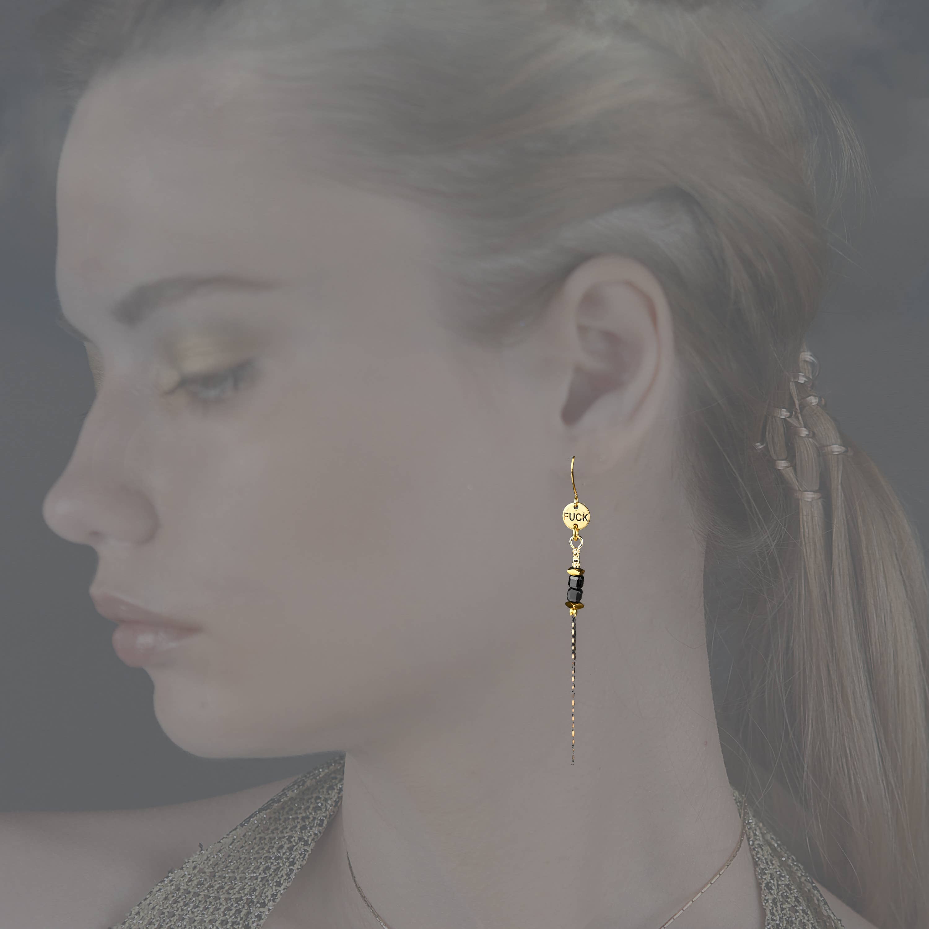 Stamped F*ck Drop Earrings with Delicate Gemstone Chain