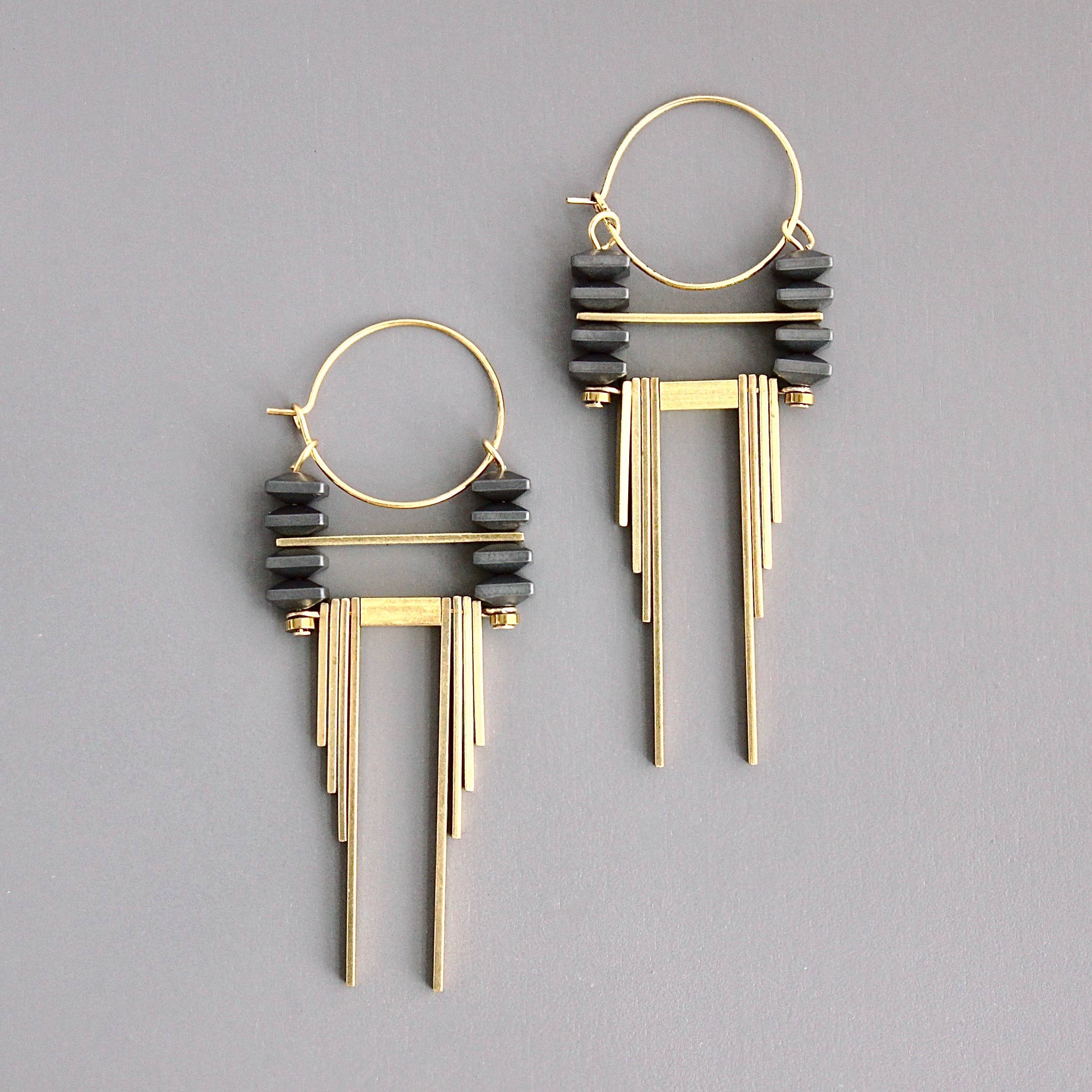 ArtDeco Hematite and Brass Hoop Earrings