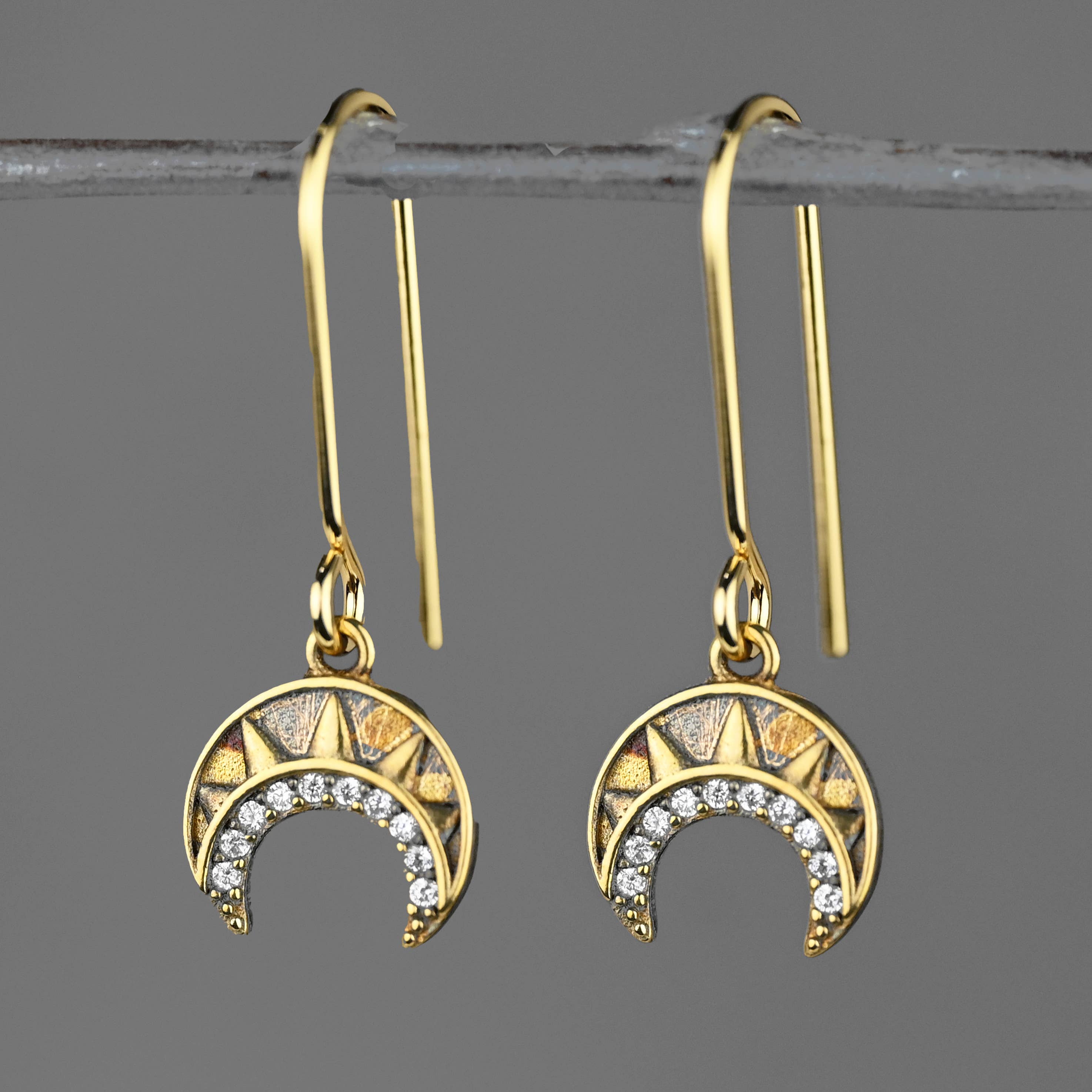 Vintage Deco Crescent Earrings with Tiny Crystals