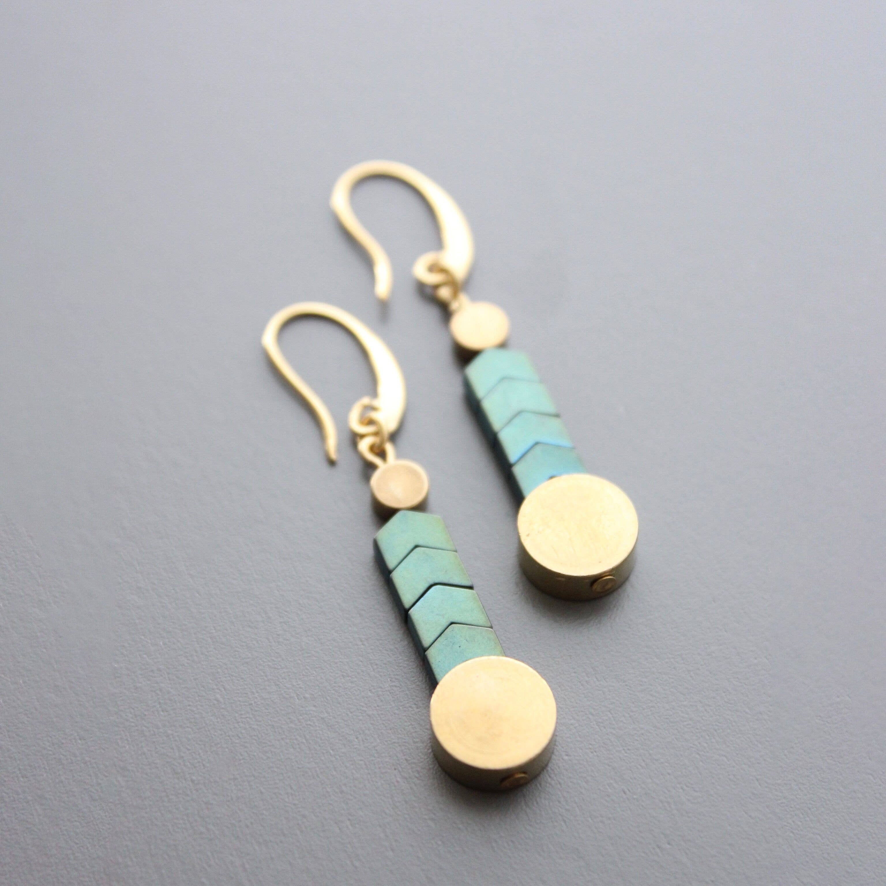 Green Hematite and Brass Earrings